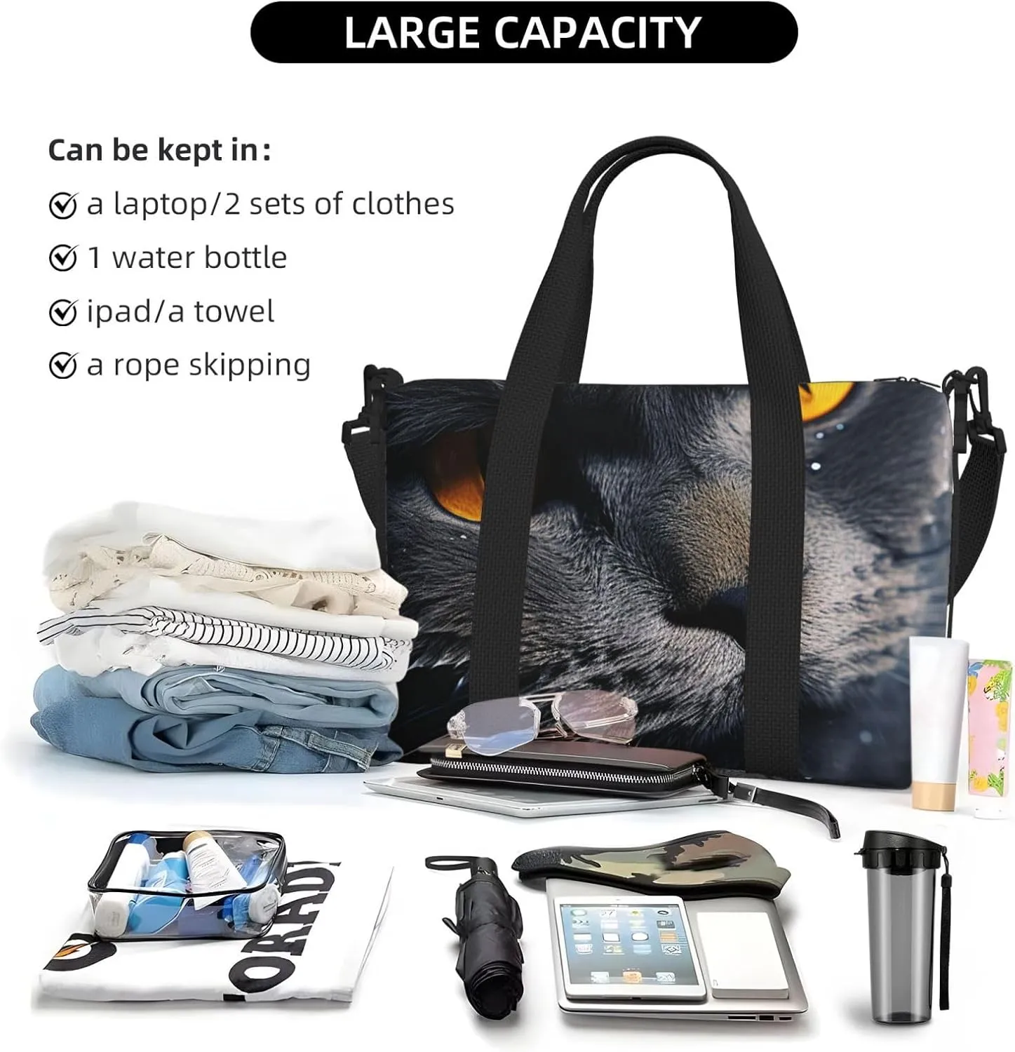 Gym Bag Cats with yellow eyes Duffel Bag for Men Women Travel Overnight Bag with Shoe Compartment Workout Bags