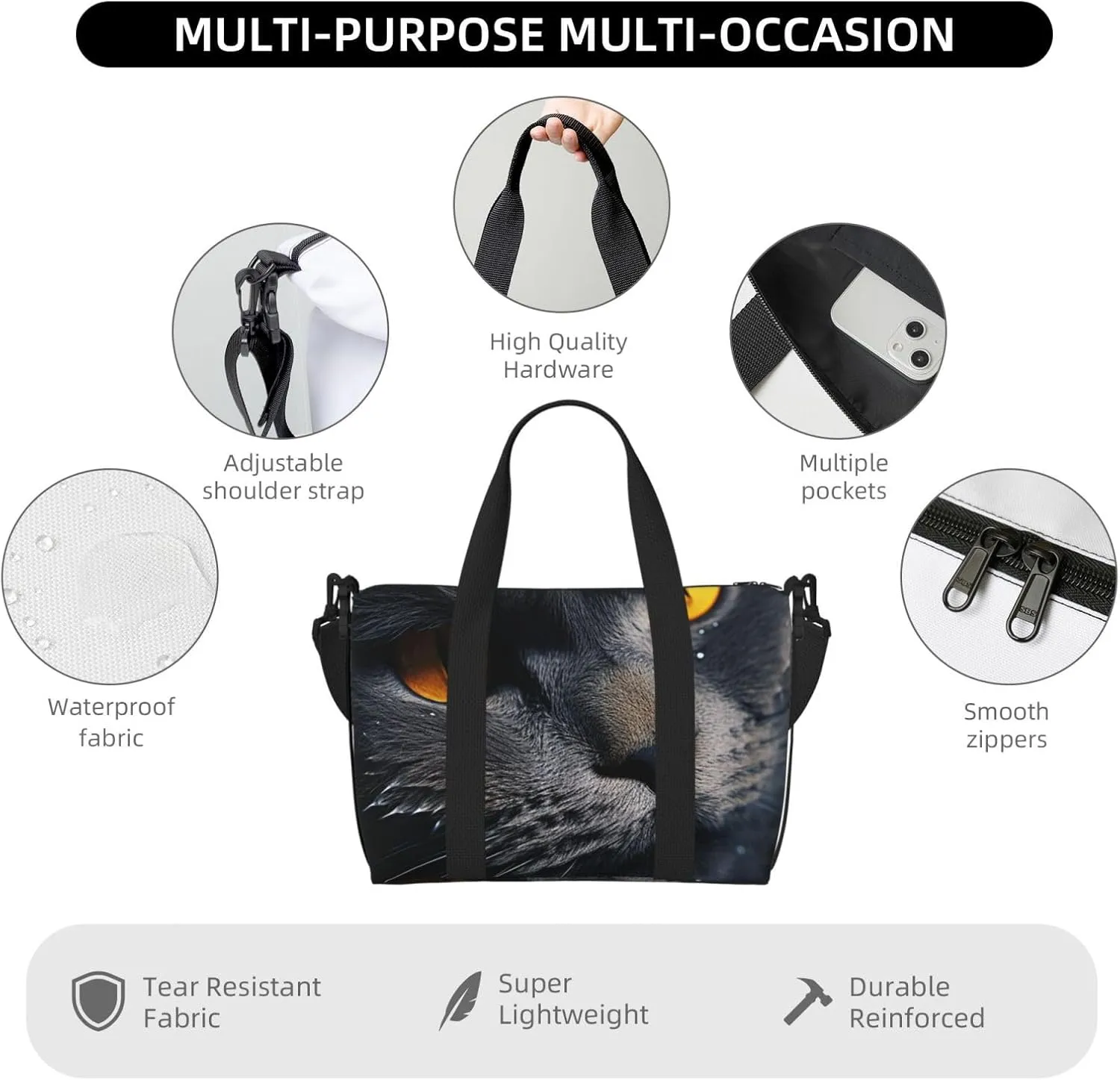 Gym Bag Cats with yellow eyes Duffel Bag for Men Women Travel Overnight Bag with Shoe Compartment Workout Bags