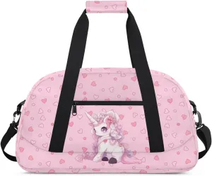 Gym Bag for Kids Girls, Lovely Unicorn Pink Small Duffel Bag with Padded Handles Carry On Weekend Travel Bag for School Practice Ball Games