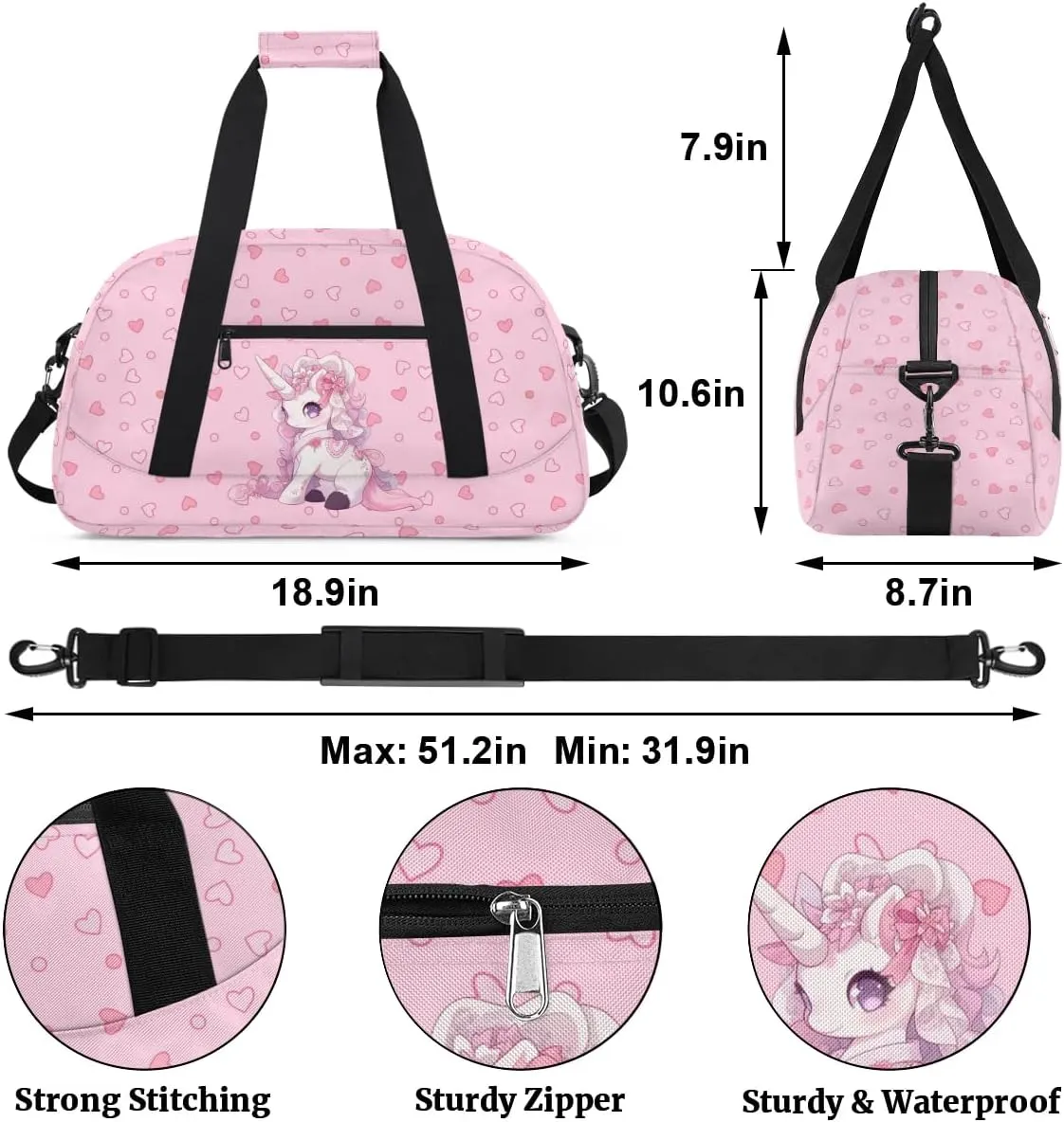 Gym Bag for Kids Girls, Lovely Unicorn Pink Small Duffel Bag with Padded Handles Carry On Weekend Travel Bag for School Practice Ball Games