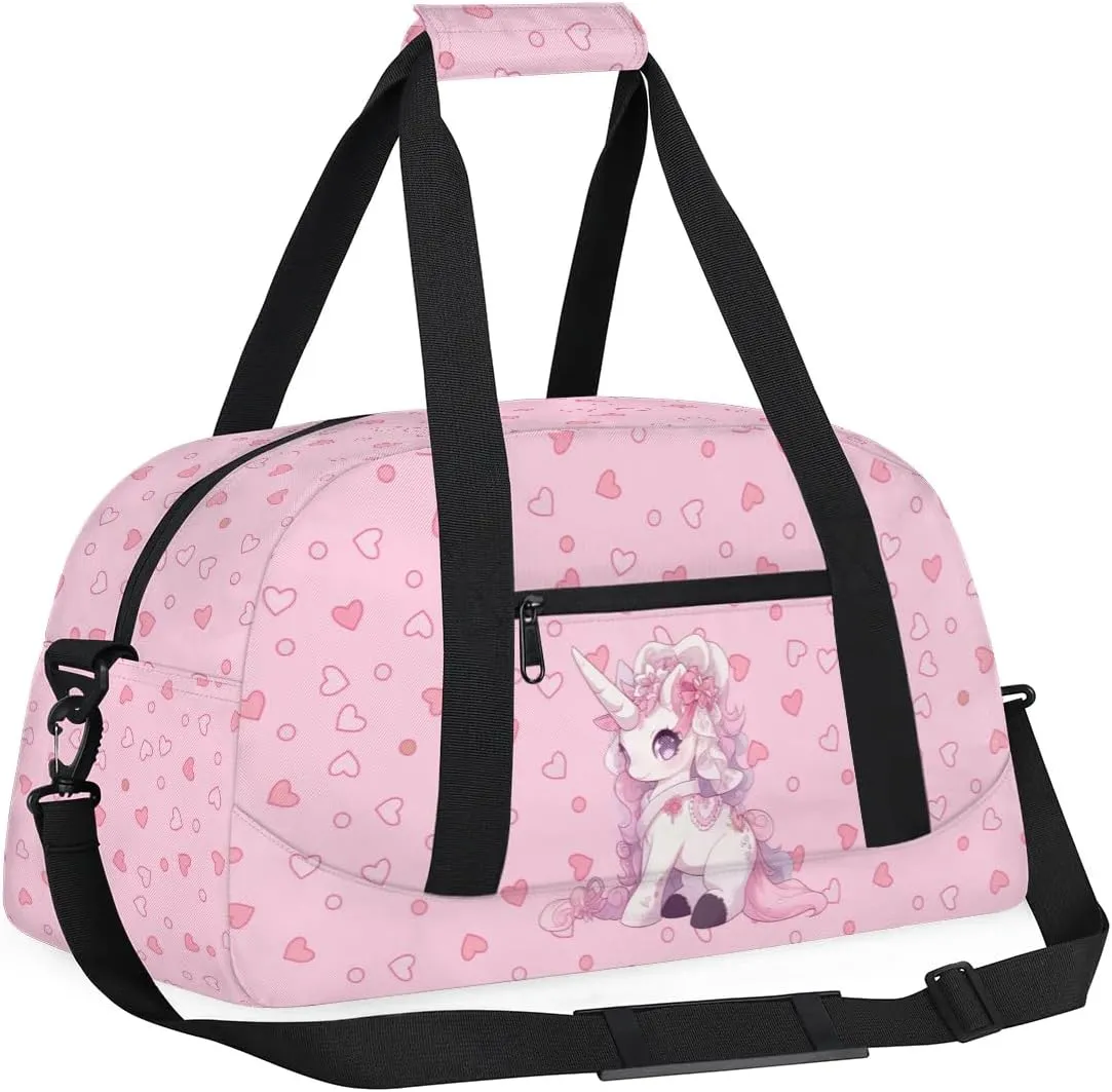 Gym Bag for Kids Girls, Lovely Unicorn Pink Small Duffel Bag with Padded Handles Carry On Weekend Travel Bag for School Practice Ball Games