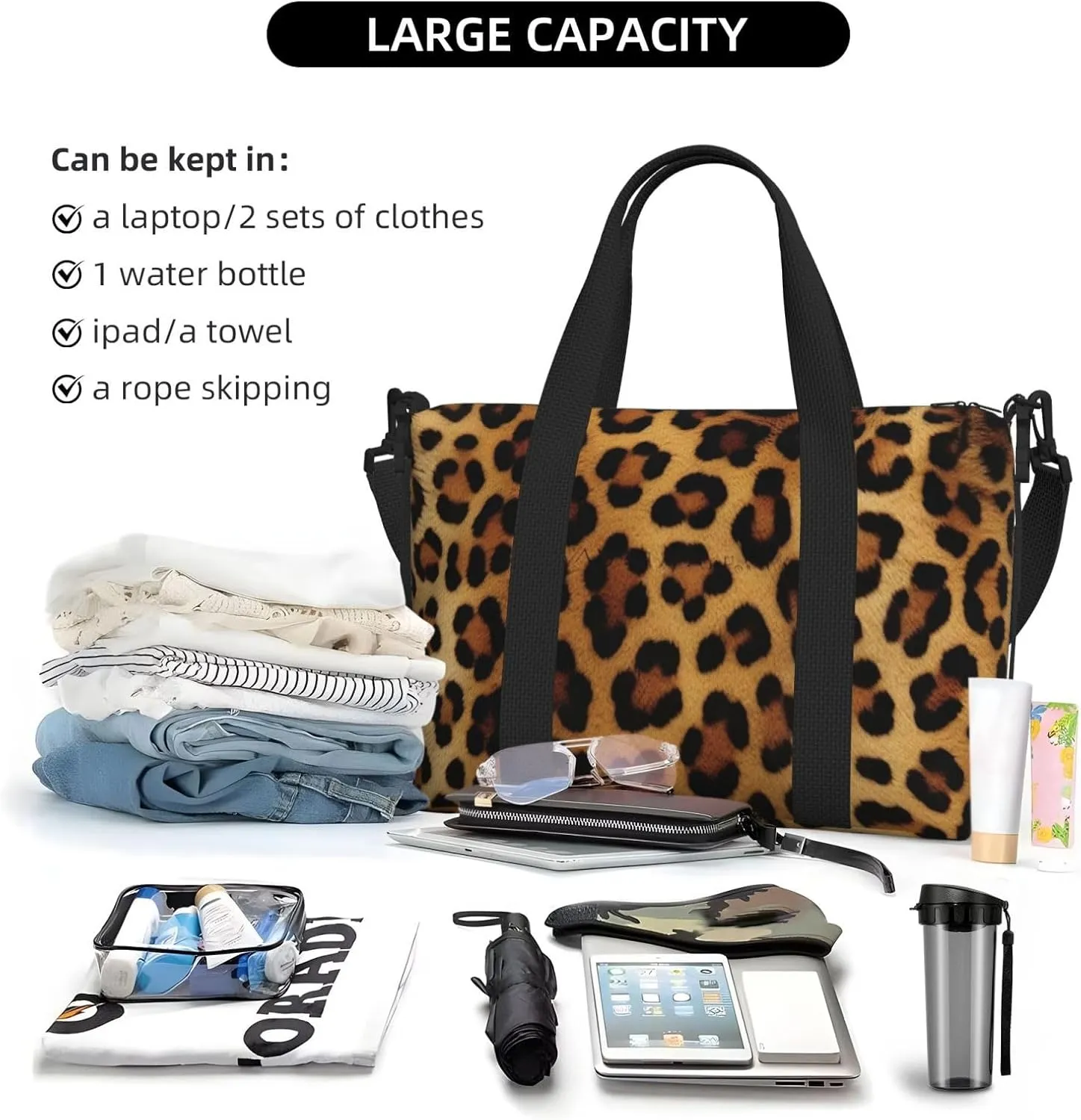 Gym Bag Leopard Skin Duffel Bag for Men Women Travel Overnight Bag with Shoe Compartment Workout Bags