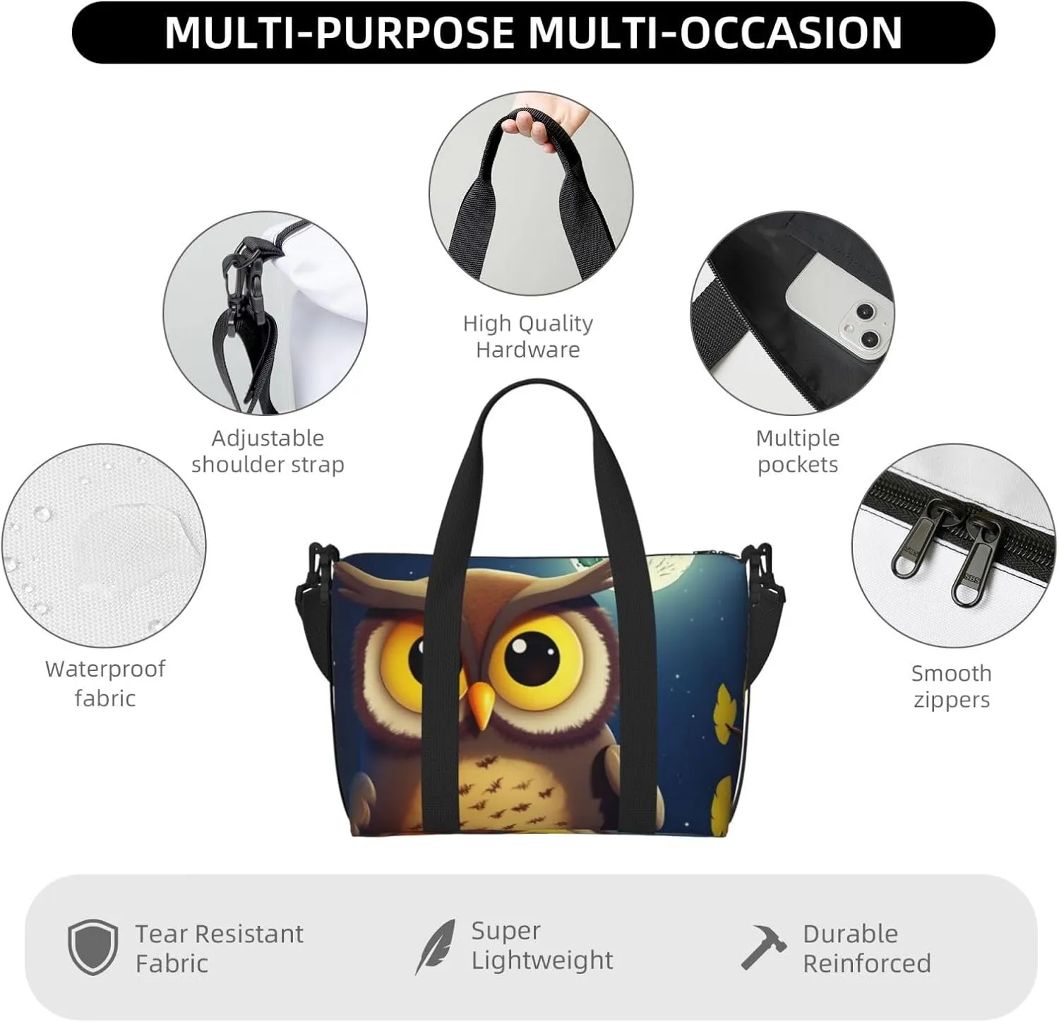 Gym Bag Owl and Yellow Moon Duffel Bag for Men Women Travel Overnight Bag with Shoe Compartment Workout Bags