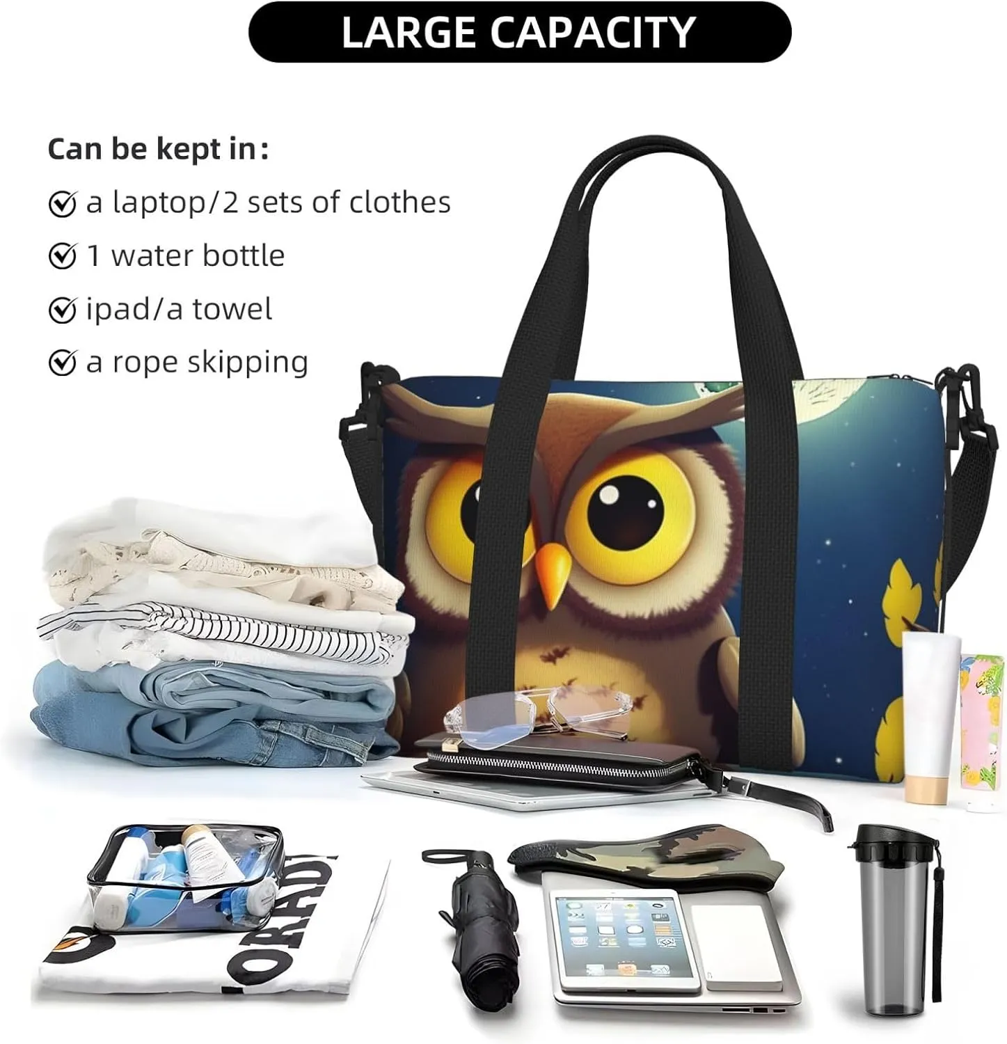 Gym Bag Owl and Yellow Moon Duffel Bag for Men Women Travel Overnight Bag with Shoe Compartment Workout Bags