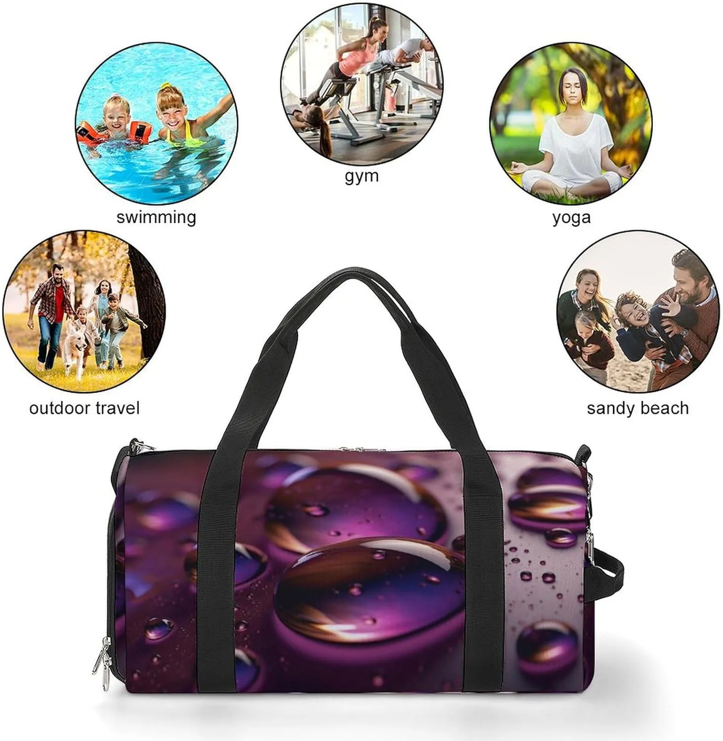 Gym Bag Purple Water Droplets Duffel Bag for Men Women Travel Overnight Bag with Shoe Compartment Workout Bags