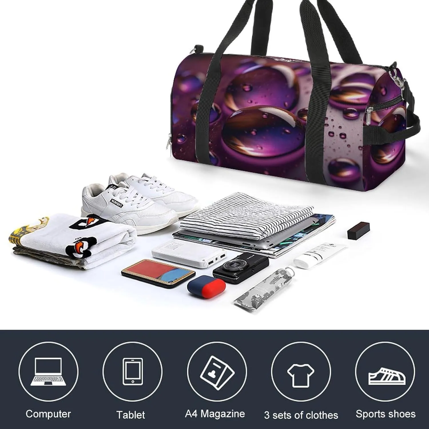 Gym Bag Purple Water Droplets Duffel Bag for Men Women Travel Overnight Bag with Shoe Compartment Workout Bags