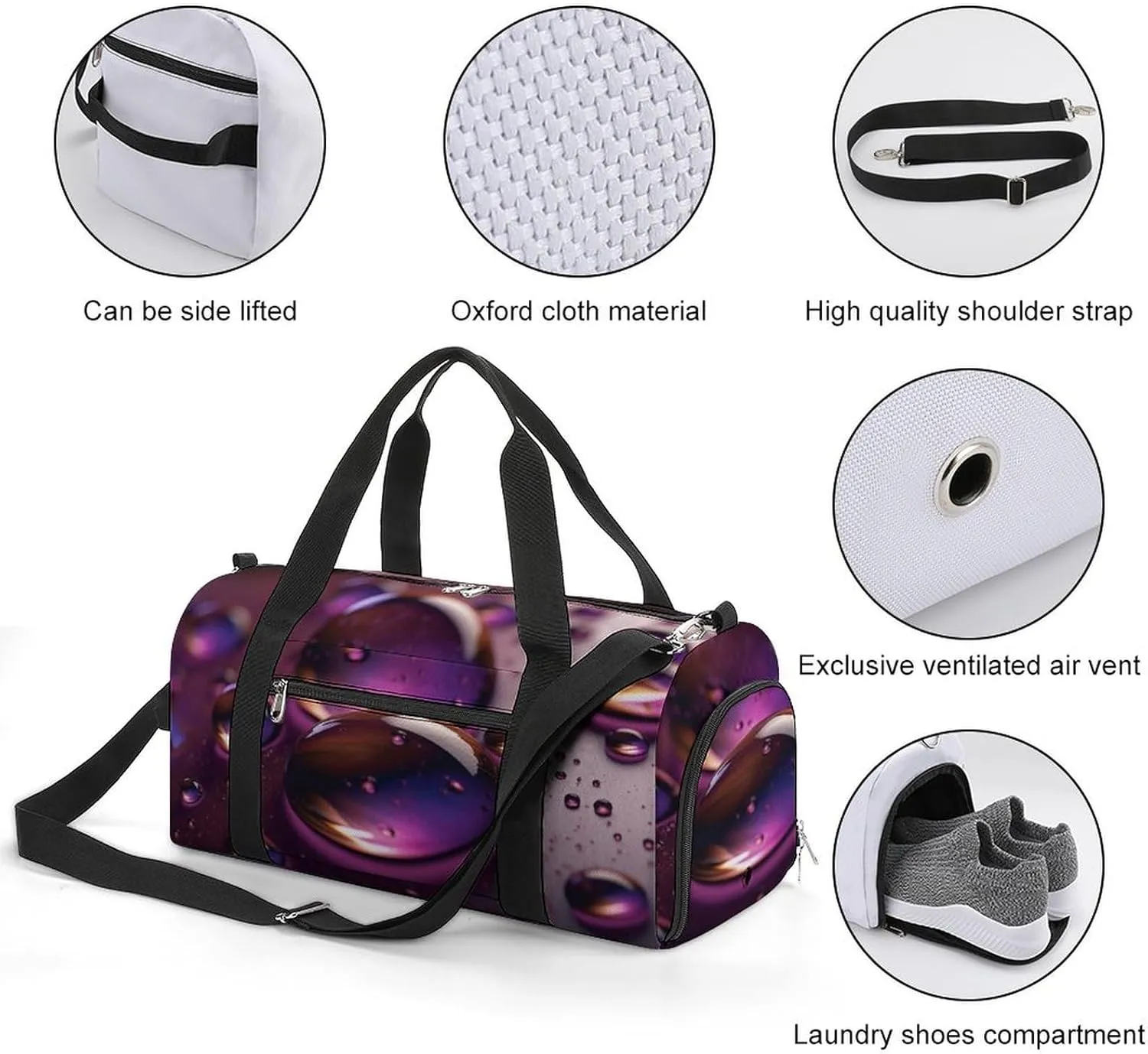 Gym Bag Purple Water Droplets Duffel Bag for Men Women Travel Overnight Bag with Shoe Compartment Workout Bags