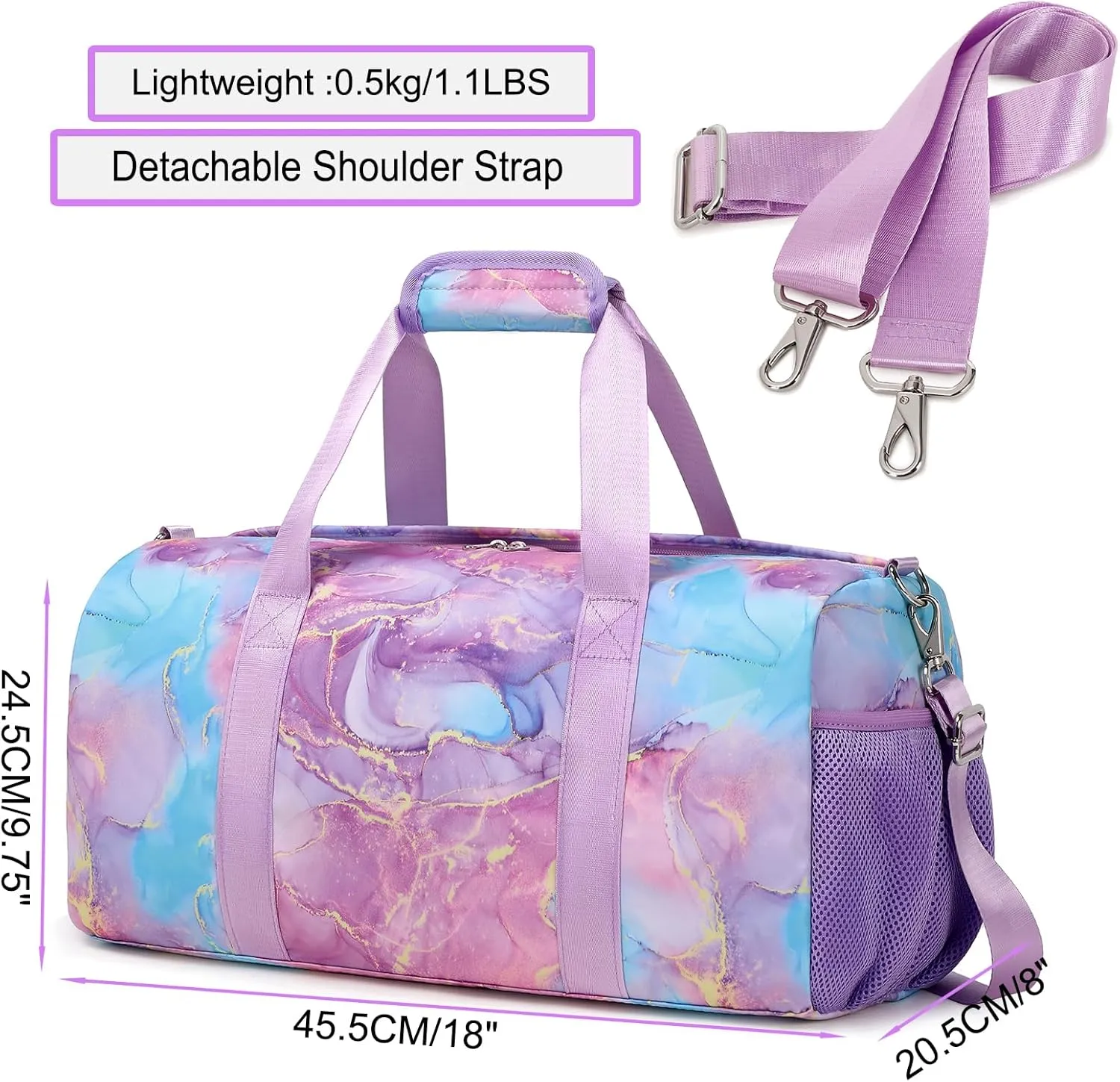 Gym Bag Sports Duffle Bag Dance Bag Ballet Bag with Separate Dry Wet Pocket and Shoes Compartment Weekender Overnight Bag Travel Foldable Bag for Girls Teen Women(Purple)