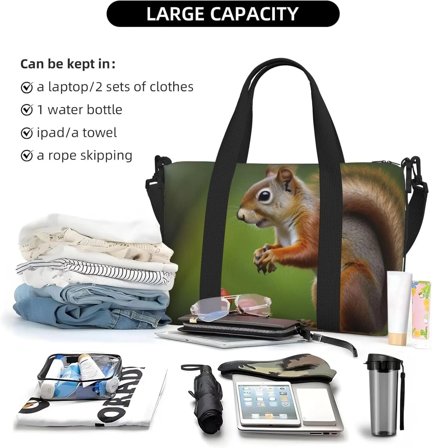 Gym Bag squirrel Duffel Bag for Men Women Travel Overnight Bag with Shoe Compartment Workout Bags