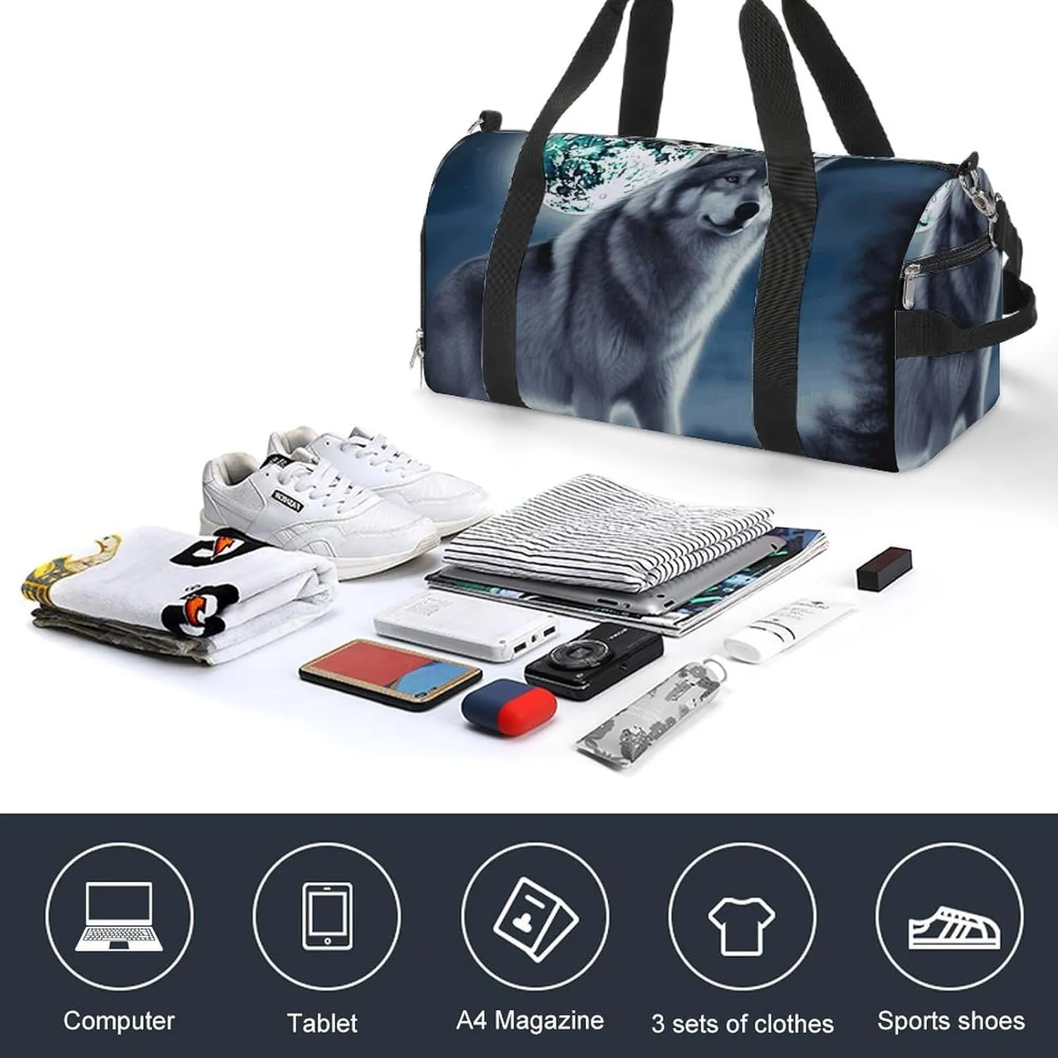 Gym Bag Wolf Under Moon Duffel Bag for Men Women Travel Overnight Bag with Shoe Compartment Workout Bags