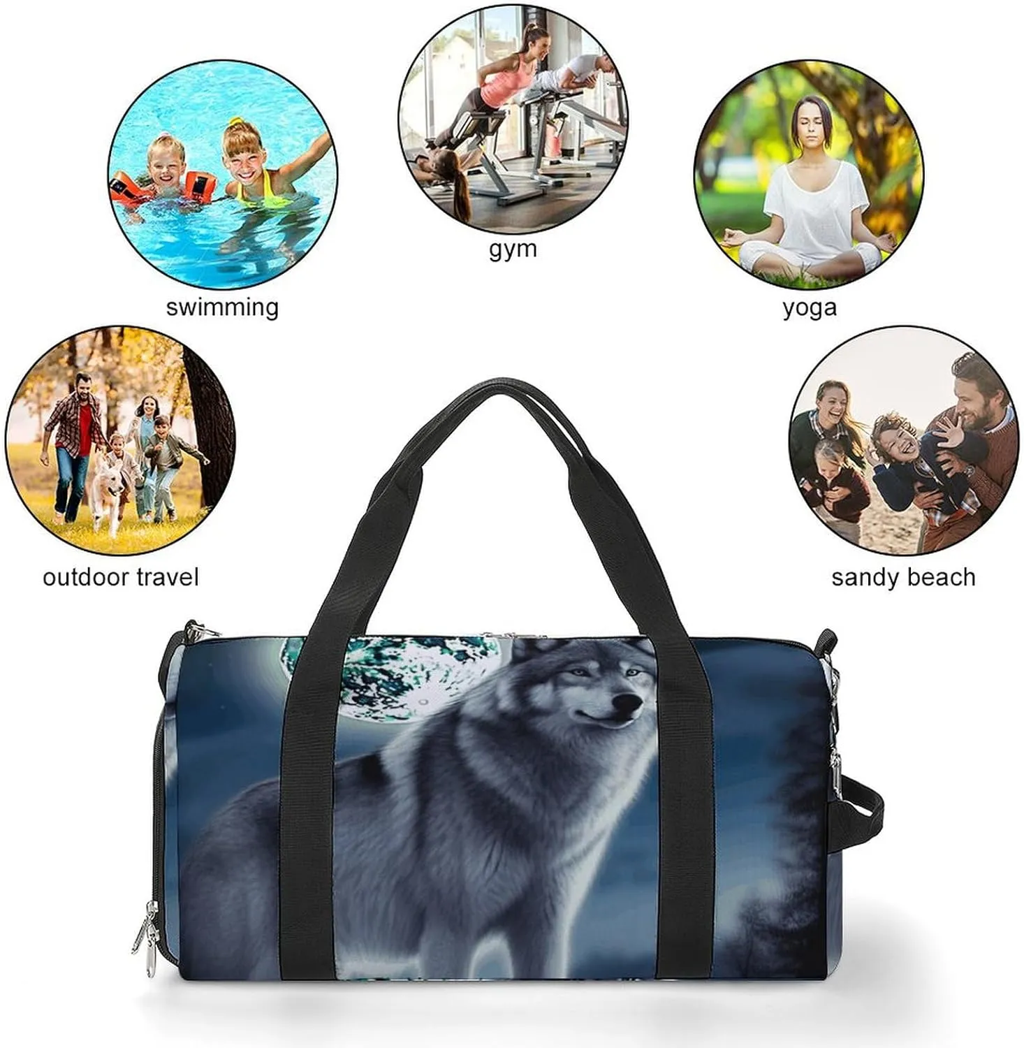 Gym Bag Wolf Under Moon Duffel Bag for Men Women Travel Overnight Bag with Shoe Compartment Workout Bags