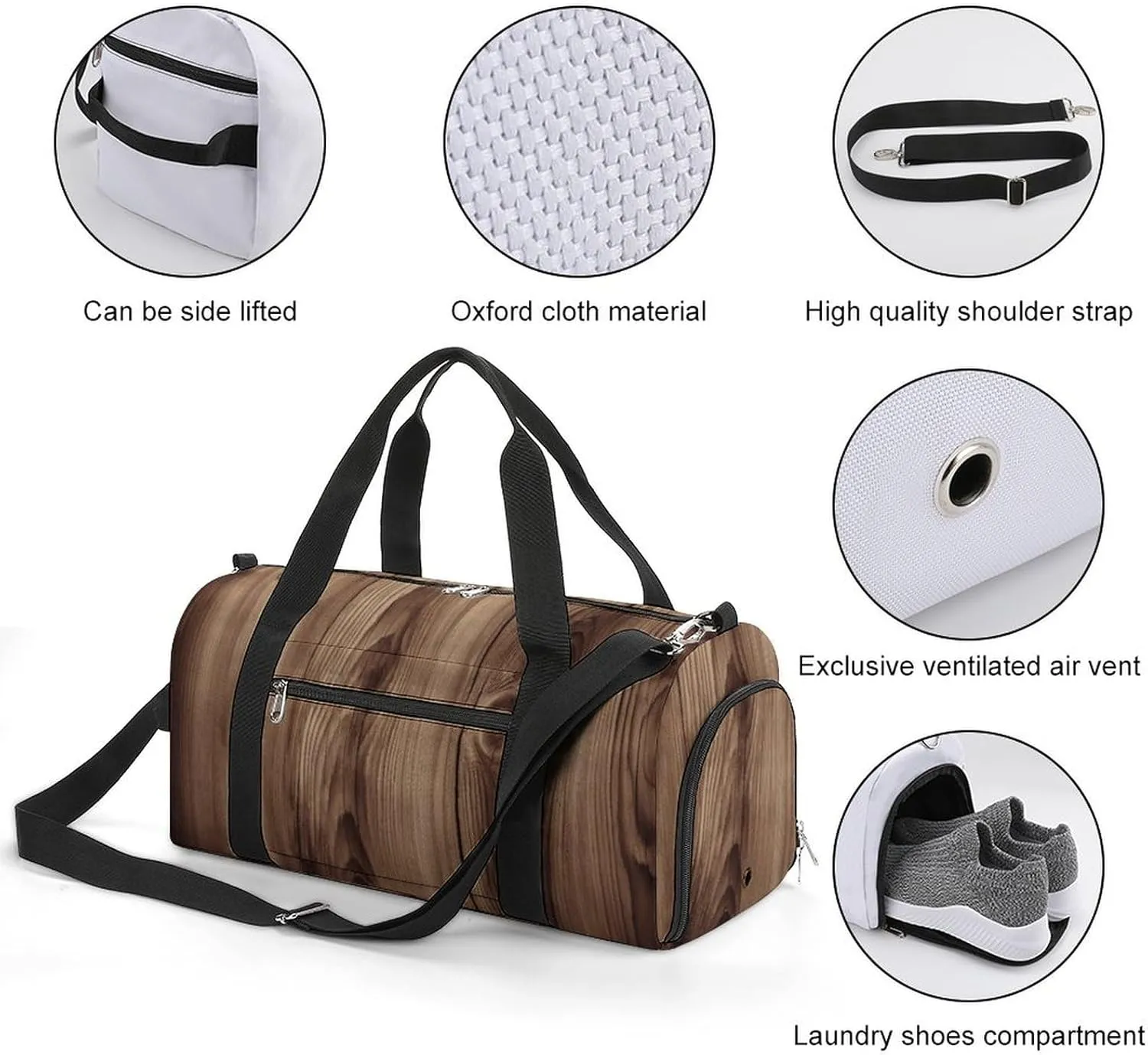 Gym Bag Wood Grain Duffel Bag for Men Women Travel Overnight Bag with Shoe Compartment Workout Bags