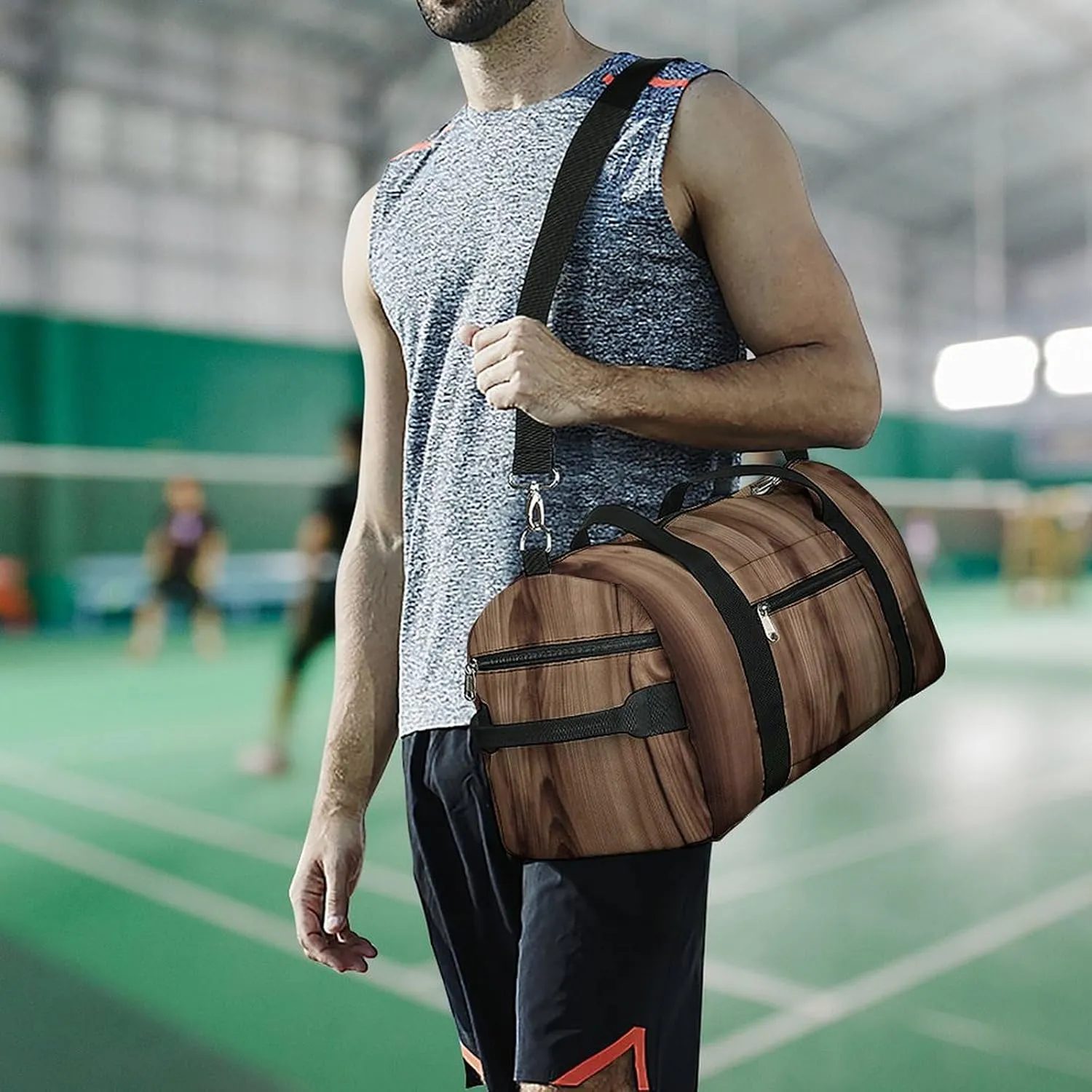Gym Bag Wood Grain Duffel Bag for Men Women Travel Overnight Bag with Shoe Compartment Workout Bags