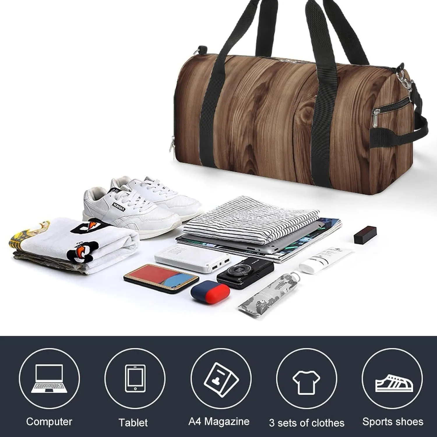 Gym Bag Wood Grain Duffel Bag for Men Women Travel Overnight Bag with Shoe Compartment Workout Bags