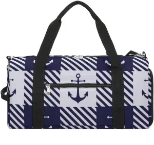 Gym Duffel Bag with Shoe Compartment Wet Pocket, Anchors White Blue Plaid Travel Bag for Men Women