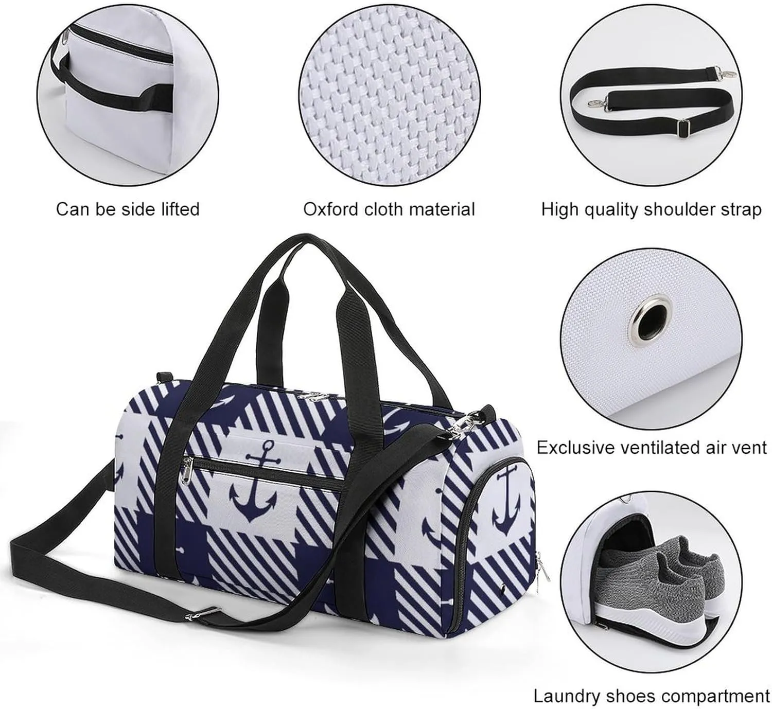 Gym Duffel Bag with Shoe Compartment Wet Pocket, Anchors White Blue Plaid Travel Bag for Men Women