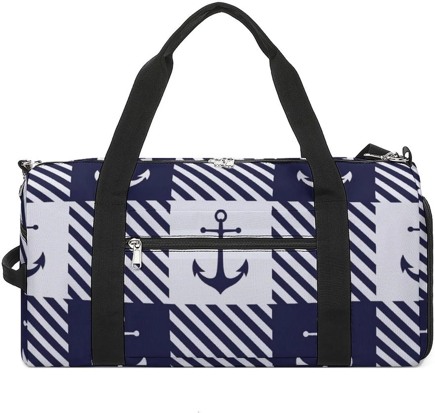 Gym Duffel Bag with Shoe Compartment Wet Pocket, Anchors White Blue Plaid Travel Bag for Men Women