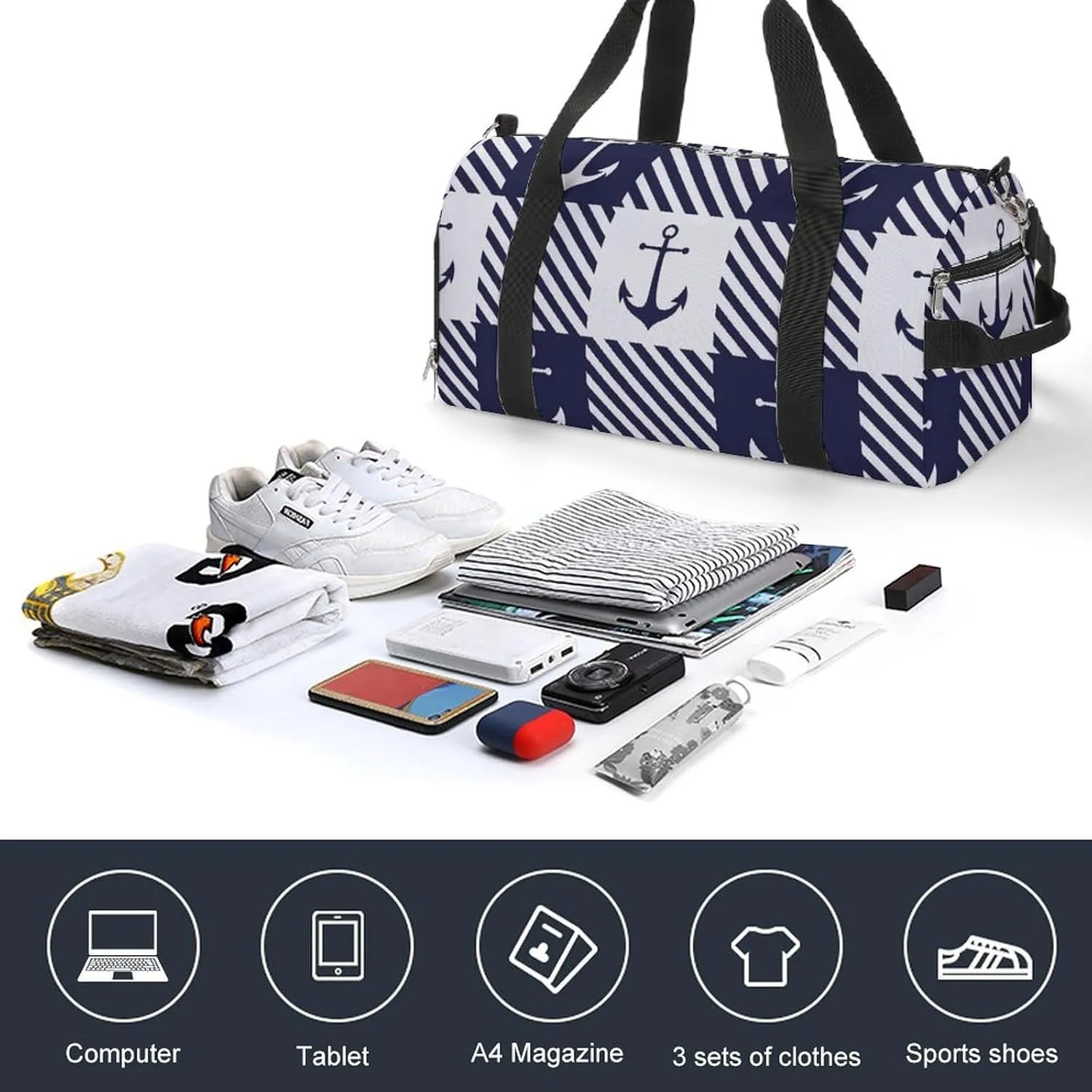 Gym Duffel Bag with Shoe Compartment Wet Pocket, Anchors White Blue Plaid Travel Bag for Men Women