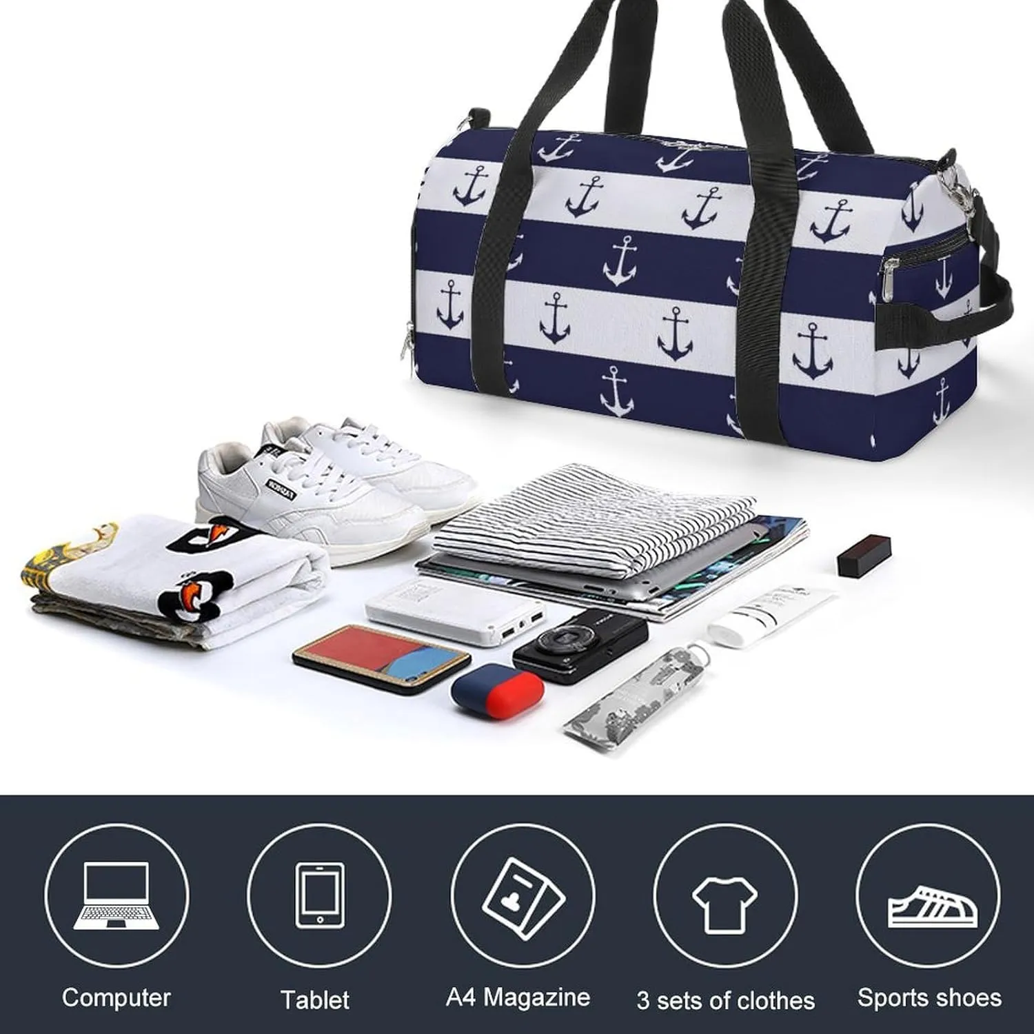 Gym Duffel Bag with Shoe Compartment Wet Pocket, Anchors White Blue Travel Bag for Men Women
