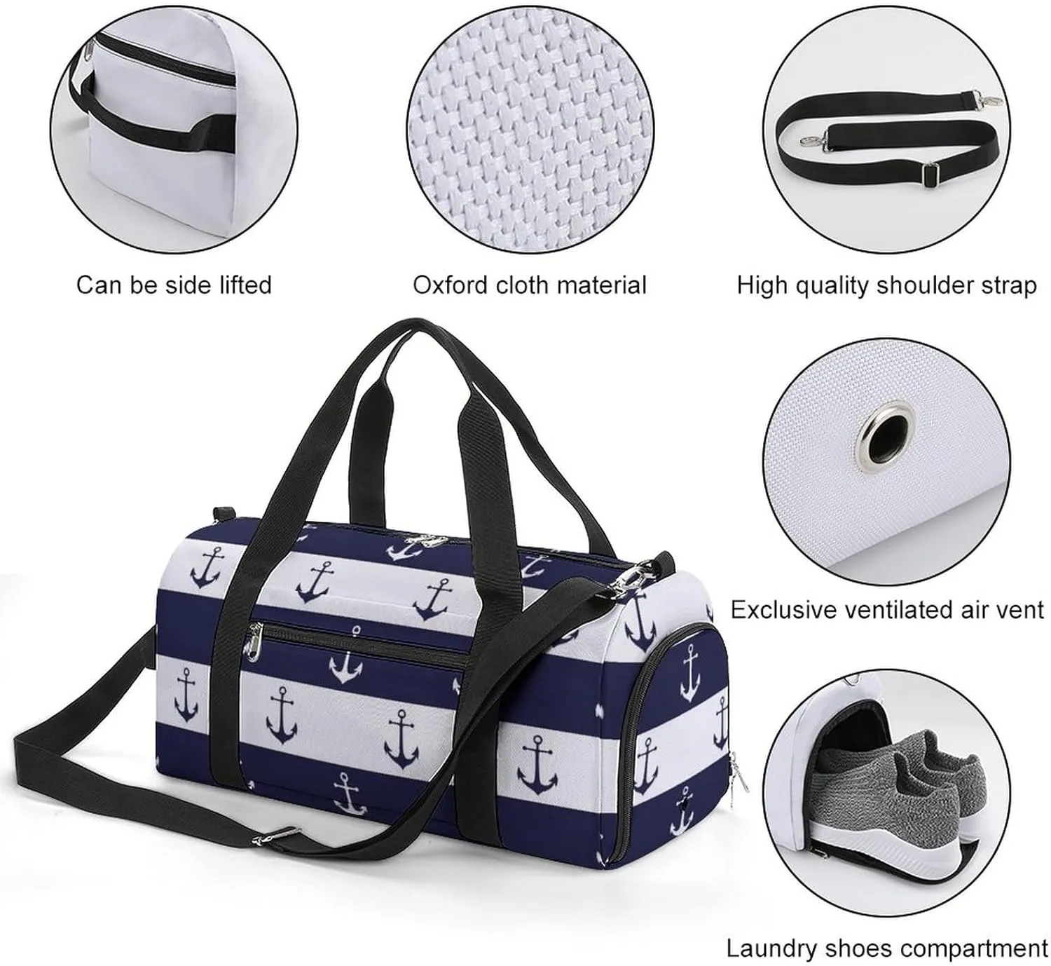 Gym Duffel Bag with Shoe Compartment Wet Pocket, Anchors White Blue Travel Bag for Men Women
