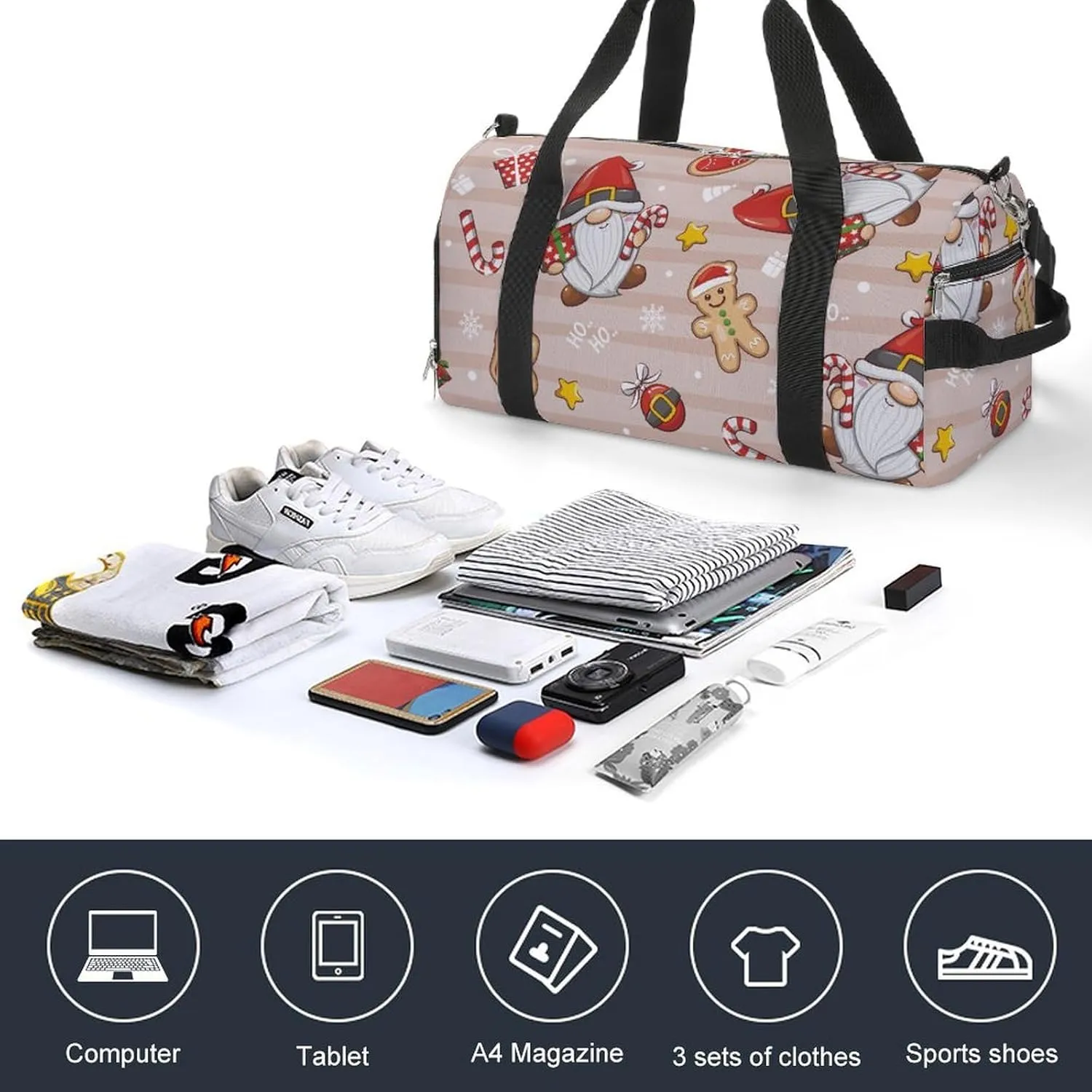 Gym Duffel Bag with Shoe Compartment Wet Pocket, Christmas Gnomes Cute Cartoon Travel Bag for Men Women