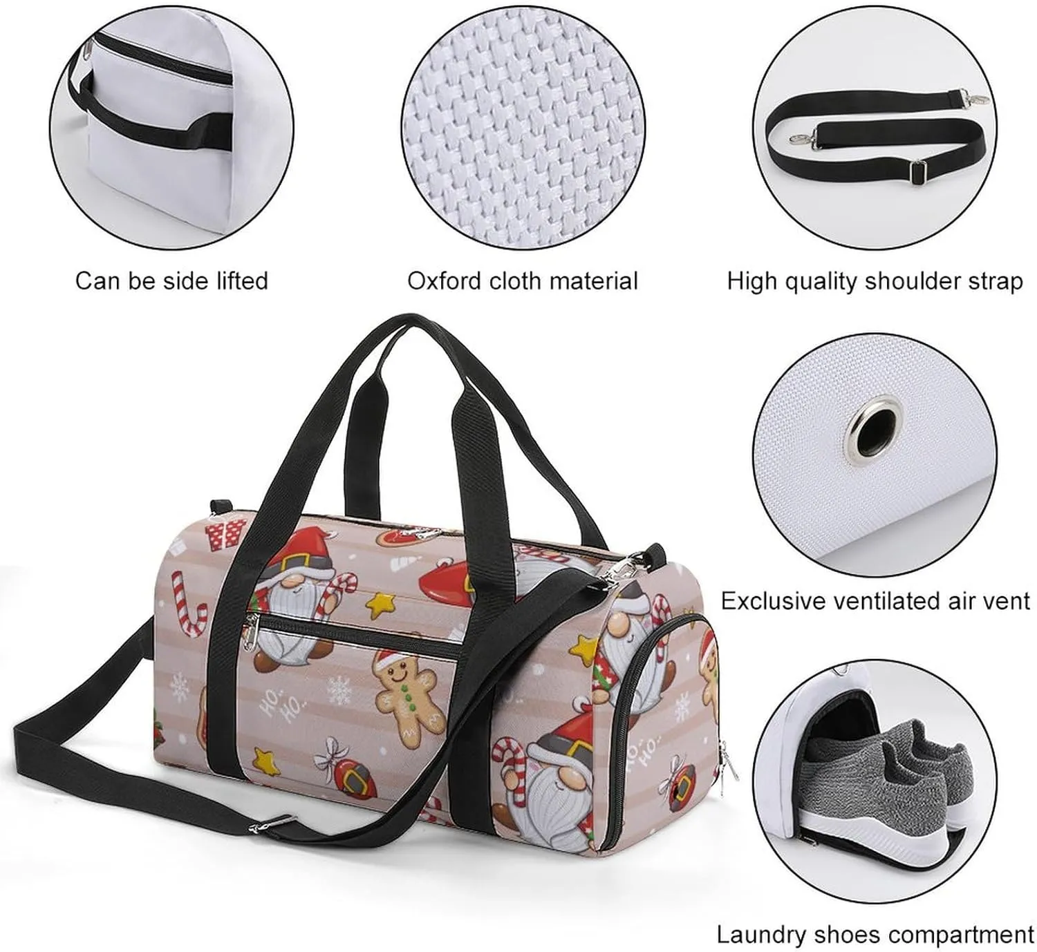 Gym Duffel Bag with Shoe Compartment Wet Pocket, Christmas Gnomes Cute Cartoon Travel Bag for Men Women