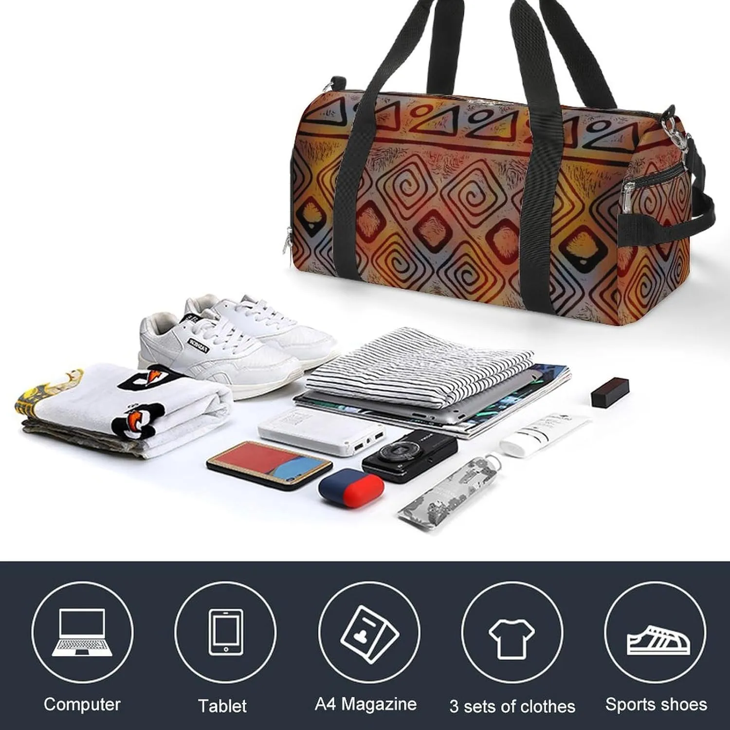 Gym Duffel Bag with Shoe Compartment Wet Pocket, Ethnic African Theme Travel Bag for Men Women