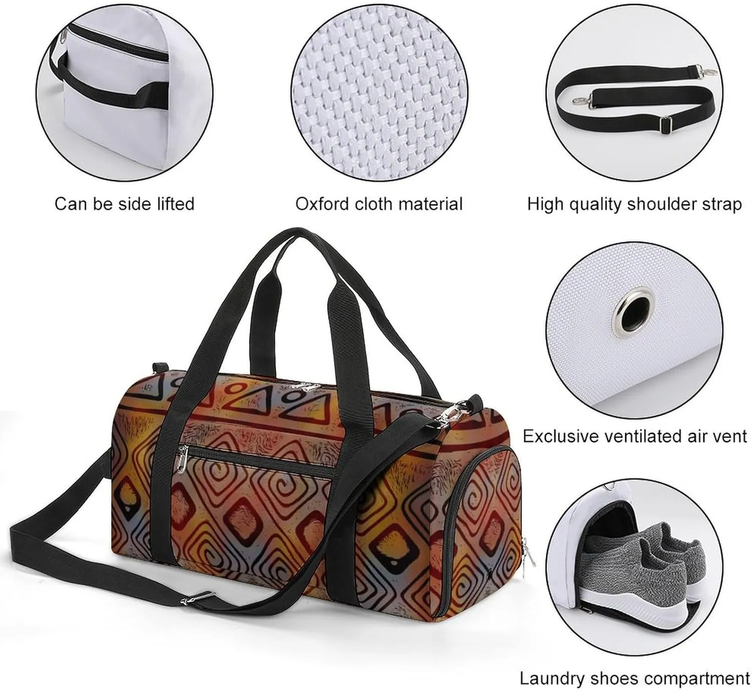 Gym Duffel Bag with Shoe Compartment Wet Pocket, Ethnic African Theme Travel Bag for Men Women
