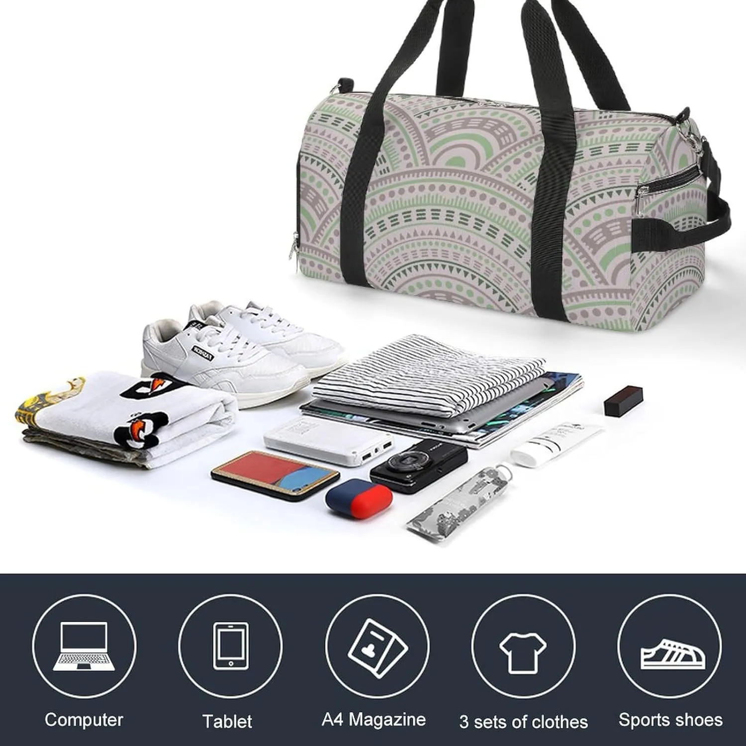 Gym Duffel Bag with Shoe Compartment Wet Pocket, Ethnic Circle Shapes Travel Bag for Men Women