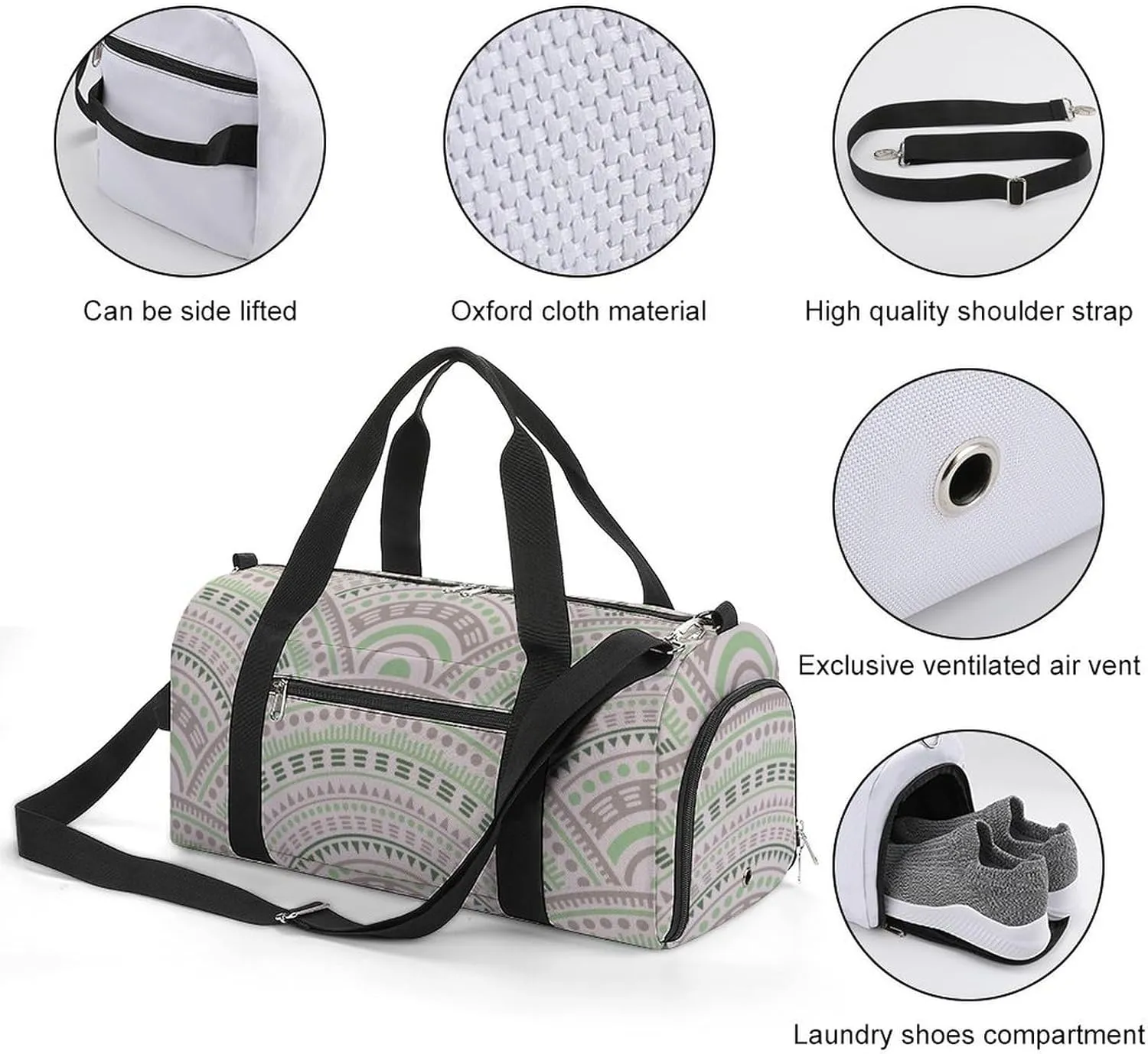 Gym Duffel Bag with Shoe Compartment Wet Pocket, Ethnic Circle Shapes Travel Bag for Men Women