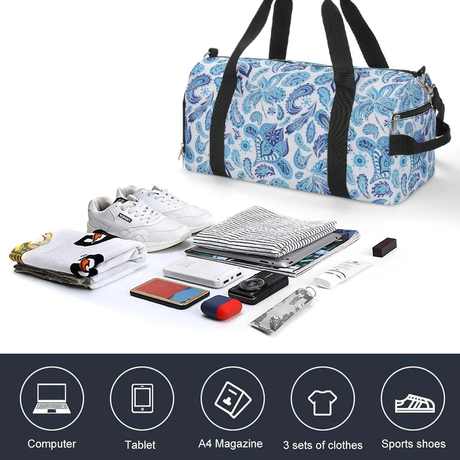 Gym Duffel Bag with Shoe Compartment Wet Pocket, Ethnic Paisley Feathers Travel Bag for Men Women, style-3
