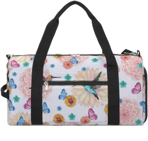 Gym Duffel Bag with Shoe Compartment Wet Pocket, Flowers And Butterflies Texture Travel Bag for Men Women