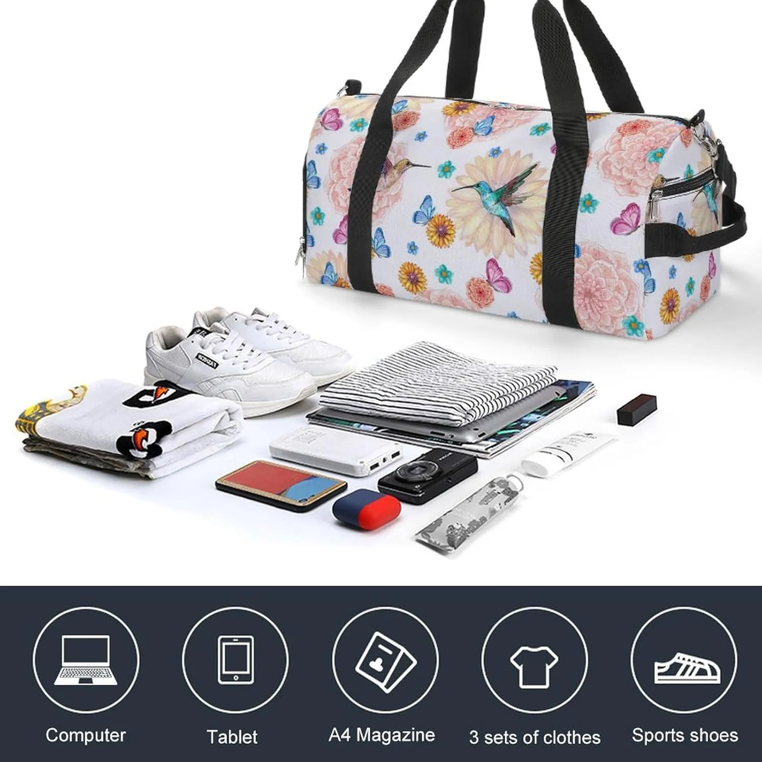 Gym Duffel Bag with Shoe Compartment Wet Pocket, Flowers And Butterflies Texture Travel Bag for Men Women