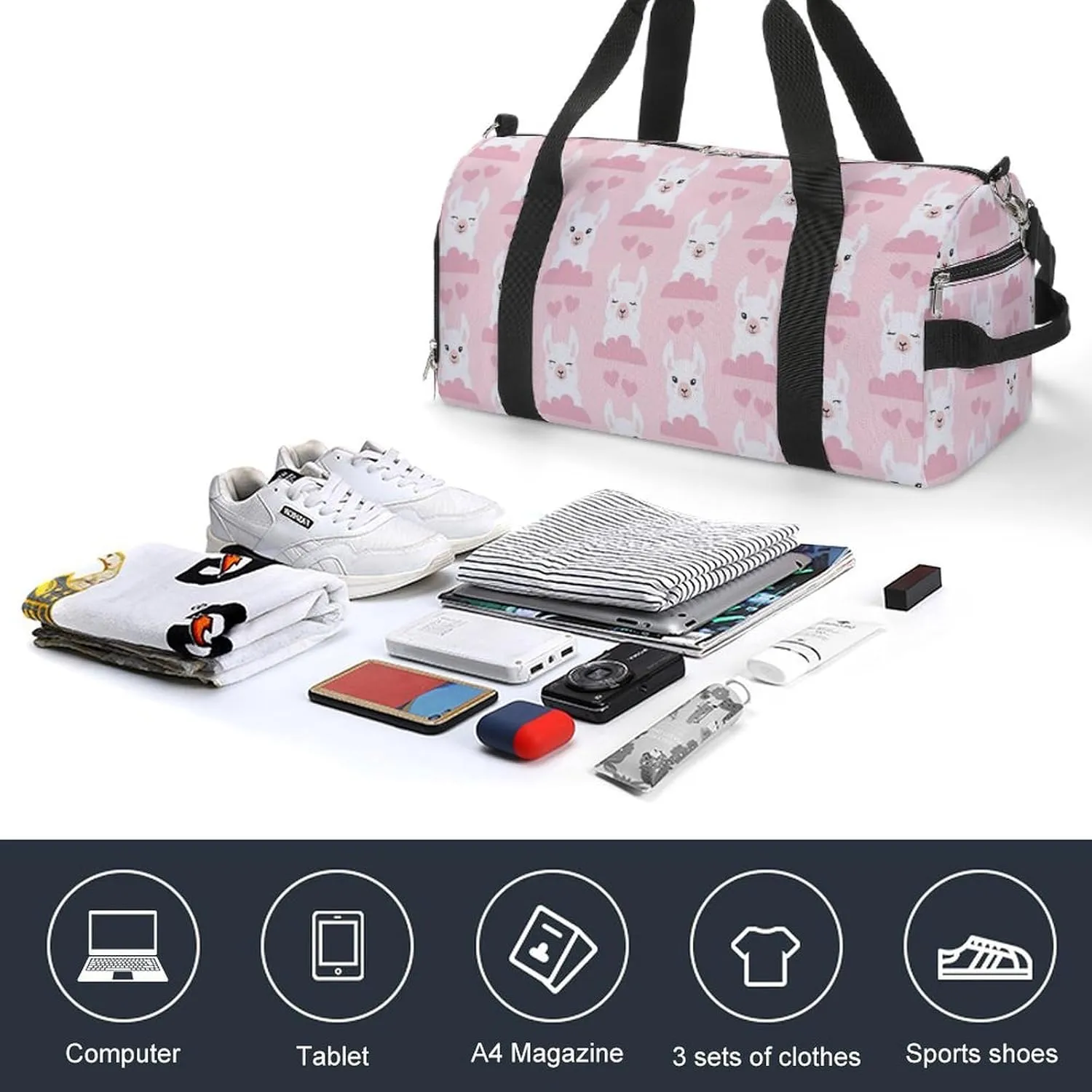 Gym Duffel Bag with Shoe Compartment Wet Pocket, Llamas, Clouds And Hears Pattern Travel Bag for Men Women