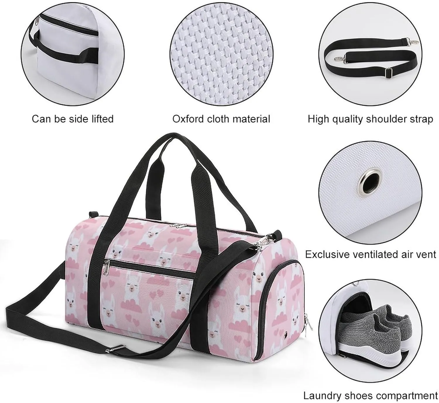 Gym Duffel Bag with Shoe Compartment Wet Pocket, Llamas, Clouds And Hears Pattern Travel Bag for Men Women