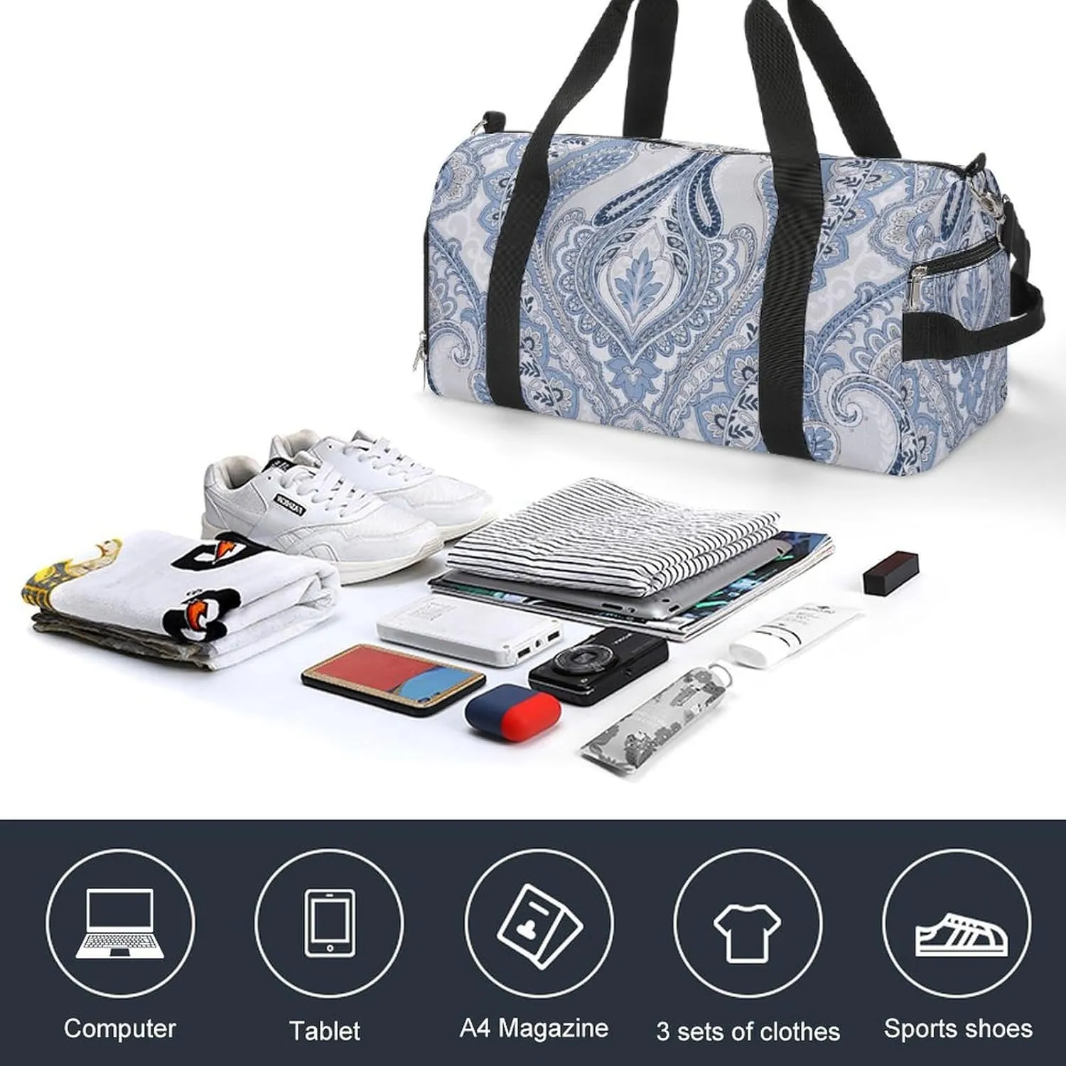 Gym Duffel Bag with Shoe Compartment Wet Pocket, Paisley Theme Travel Bag for Men Women