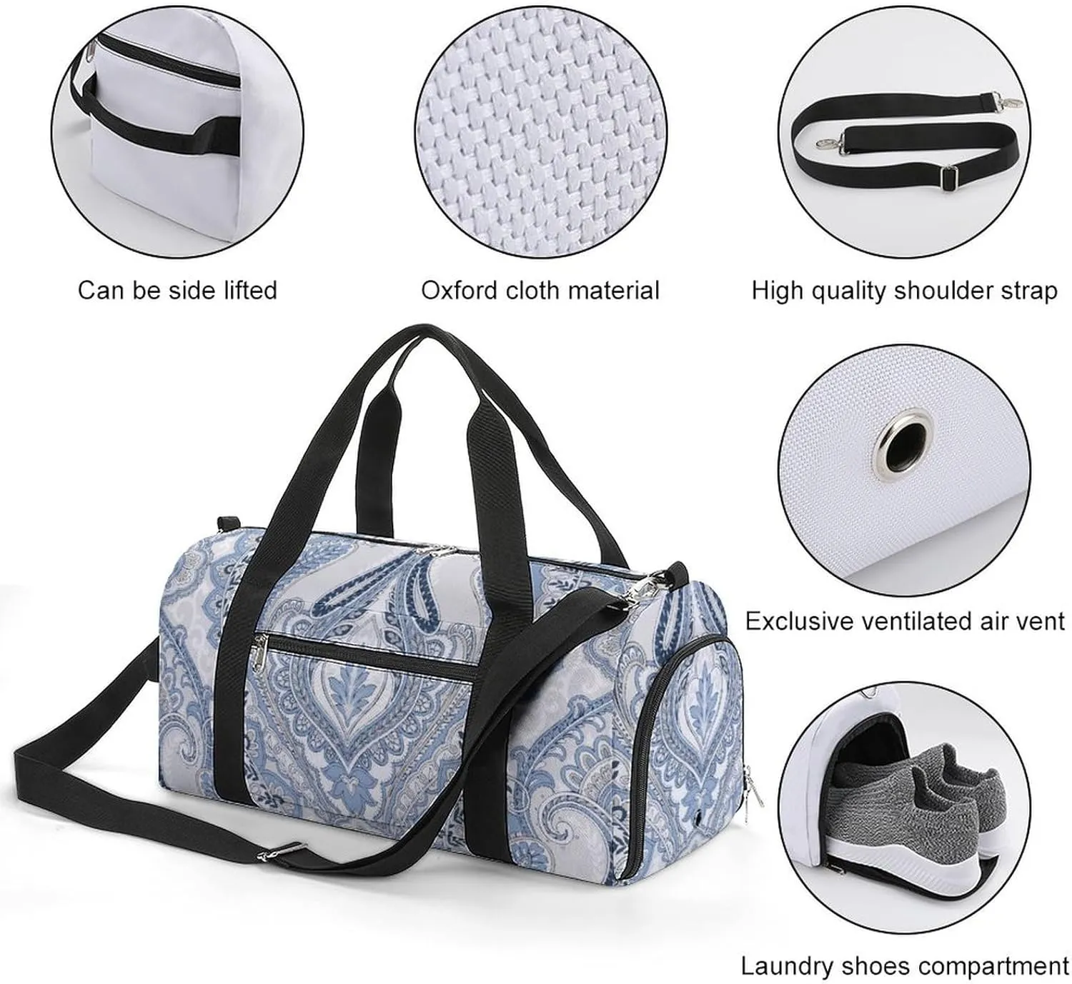Gym Duffel Bag with Shoe Compartment Wet Pocket, Paisley Theme Travel Bag for Men Women