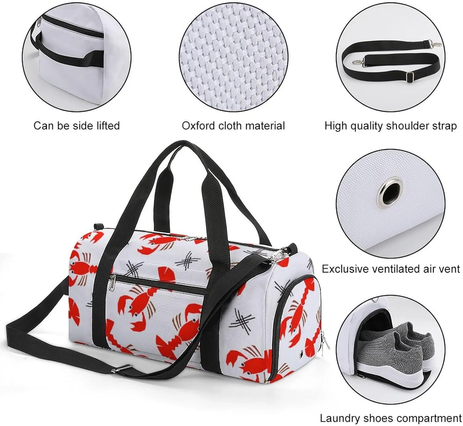 Gym Duffel Bag with Shoe Compartment Wet Pocket, Red Lobsters Travel Bag for Men Women