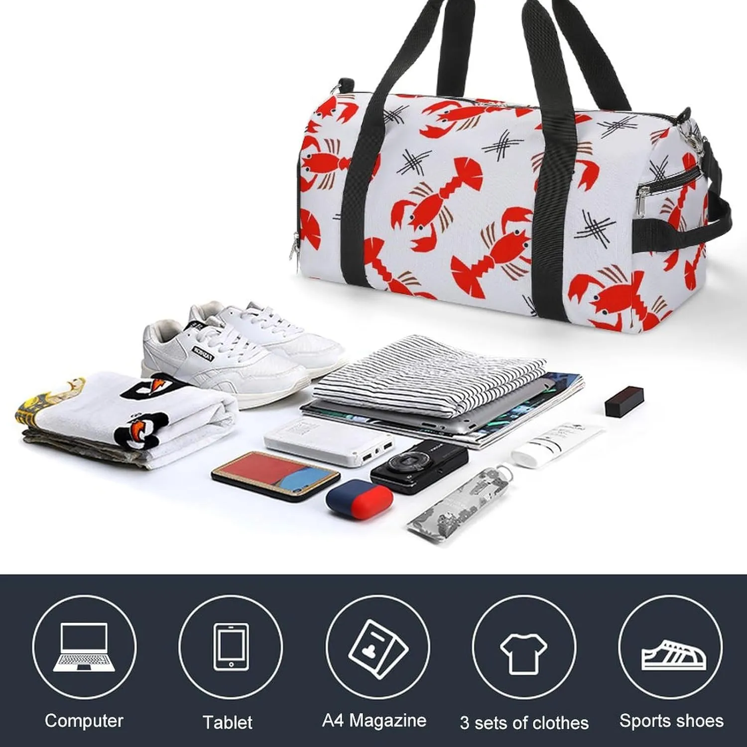 Gym Duffel Bag with Shoe Compartment Wet Pocket, Red Lobsters Travel Bag for Men Women