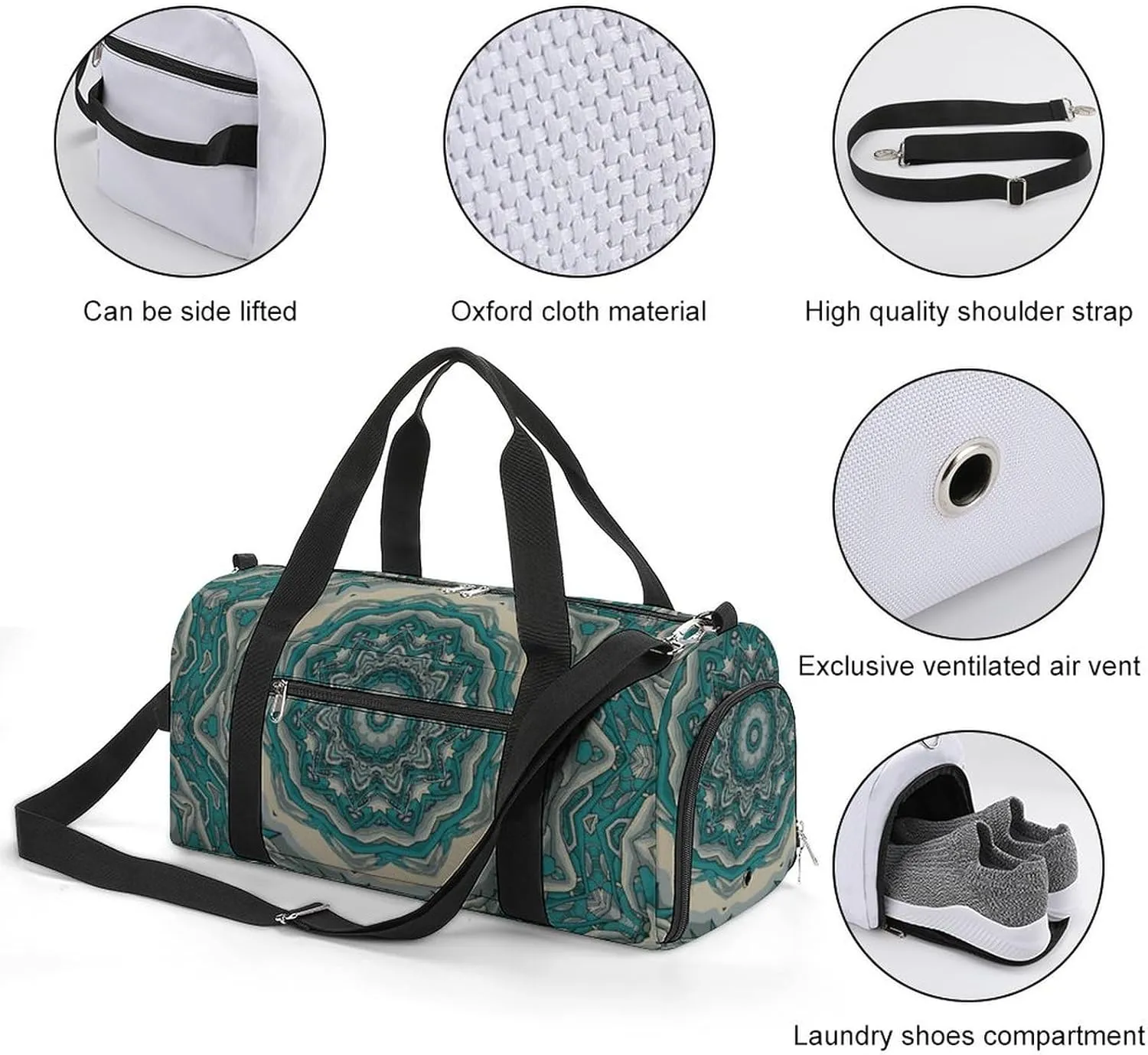 Gym Duffel Bag with Shoe Compartment Wet Pocket, Tile Mehndi Design Travel Bag for Men Women