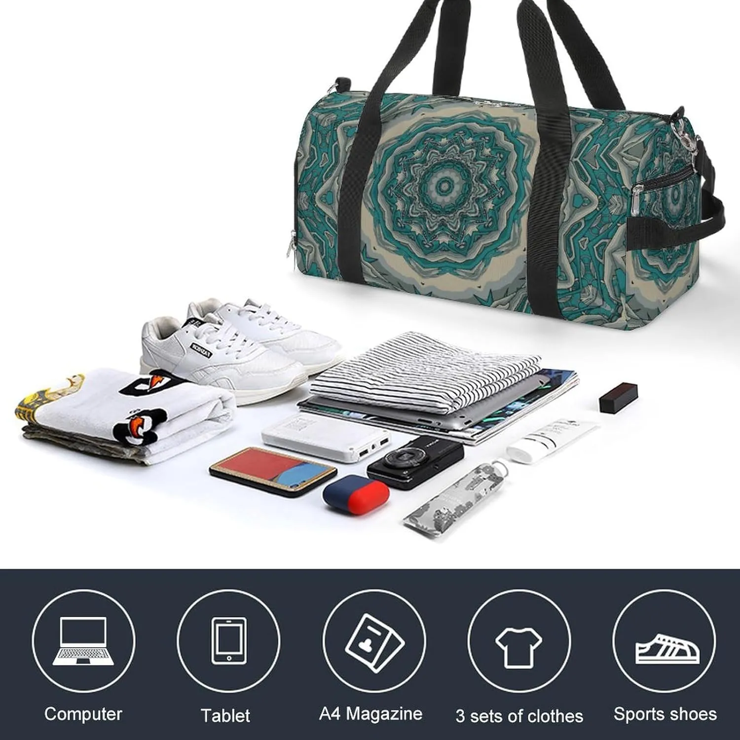 Gym Duffel Bag with Shoe Compartment Wet Pocket, Tile Mehndi Design Travel Bag for Men Women