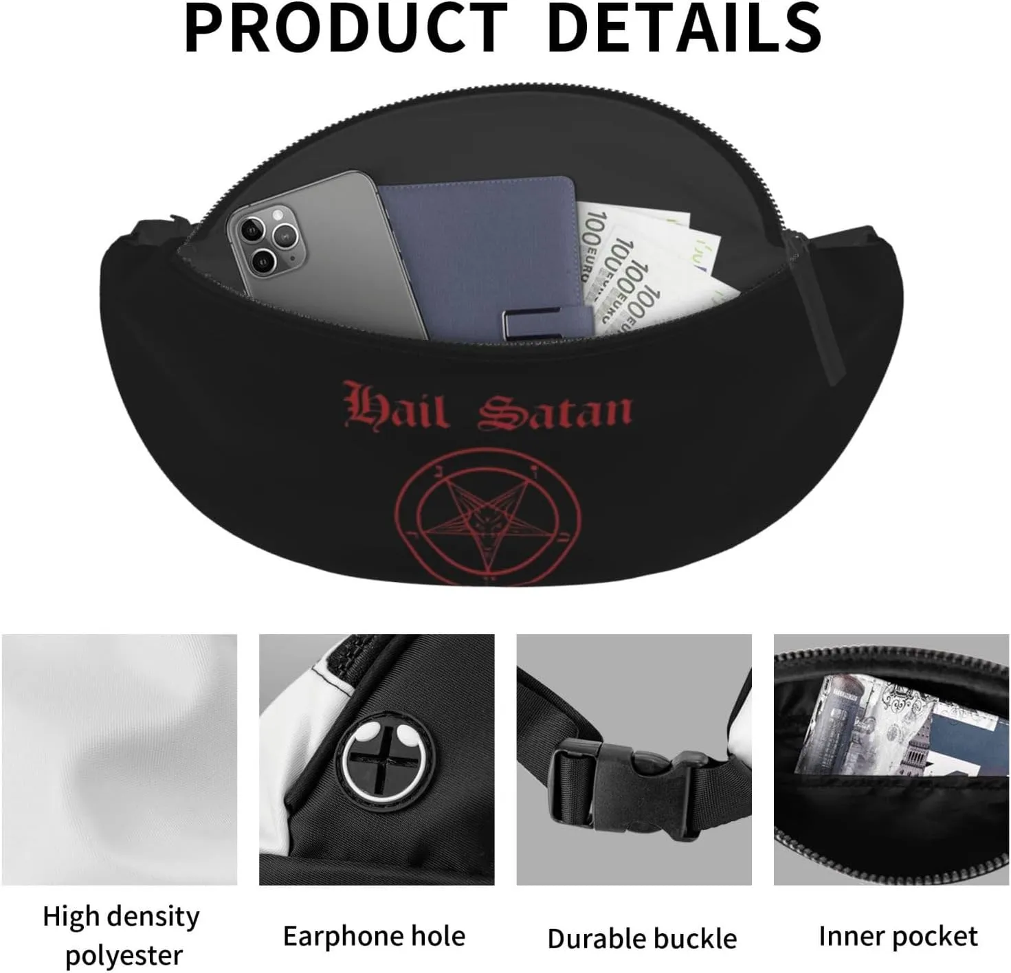 Hail Satan Satanic Pentagram Unisex Leisure Waist Bag Outdoor Sports Running Waist Bag Business Travel Mobile Phone Bag
