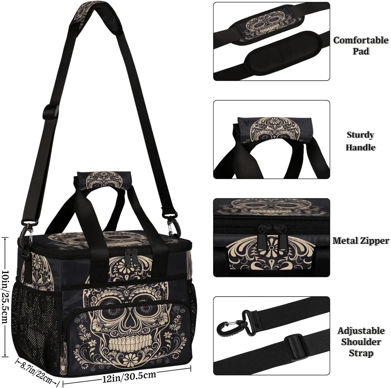 Halloween Sugar Skull Insulated Large Lunch Bag Lunchbox Reusable Leakproof Cooler Bags with Shoulder Strap for Adult Men Women Work Picnic