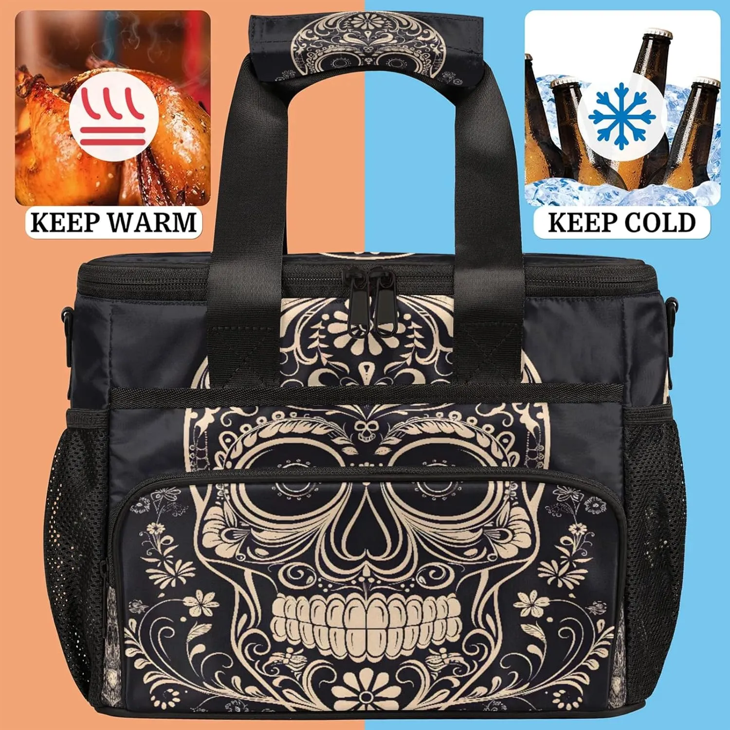 Halloween Sugar Skull Insulated Large Lunch Bag Lunchbox Reusable Leakproof Cooler Bags with Shoulder Strap for Adult Men Women Work Picnic