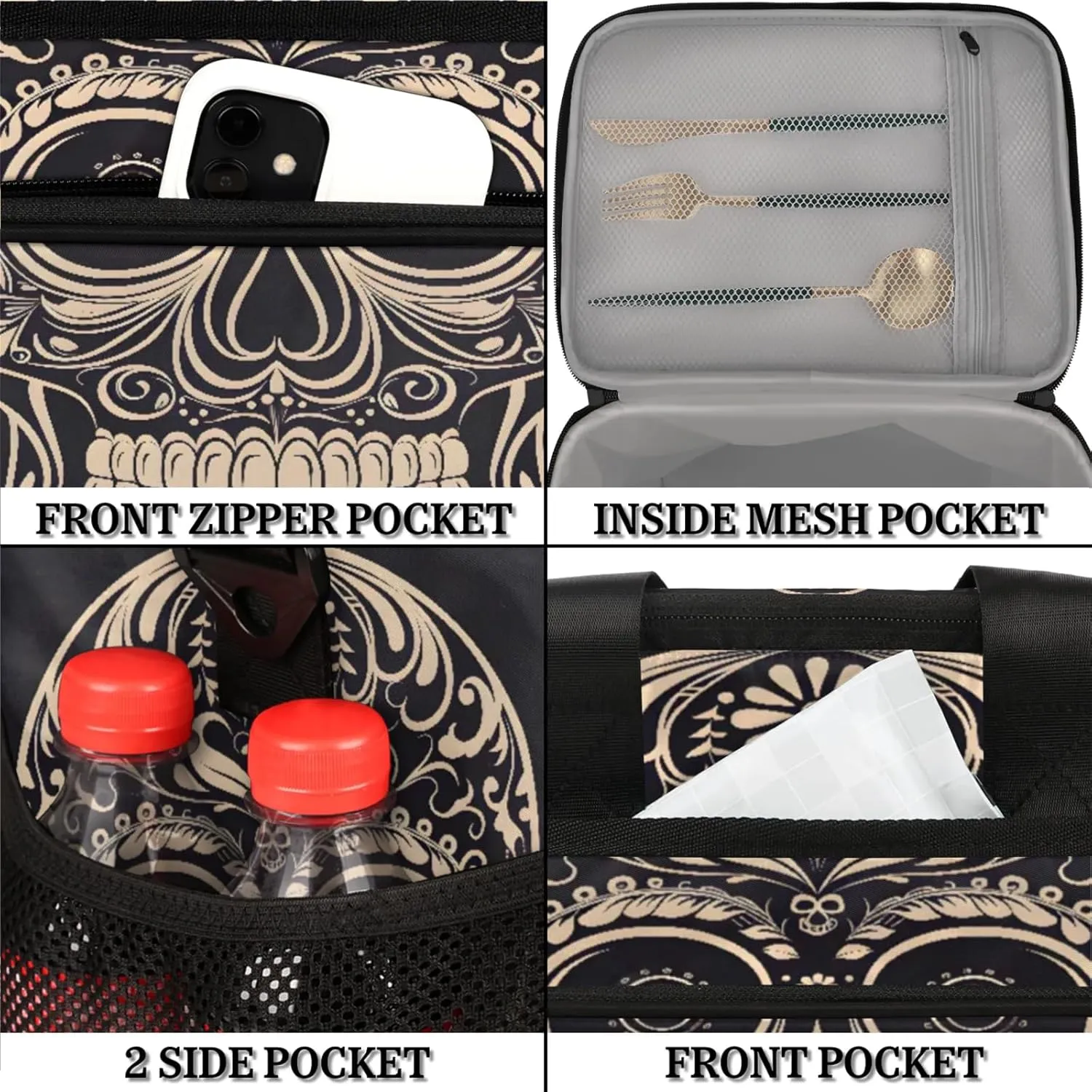 Halloween Sugar Skull Insulated Large Lunch Bag Lunchbox Reusable Leakproof Cooler Bags with Shoulder Strap for Adult Men Women Work Picnic