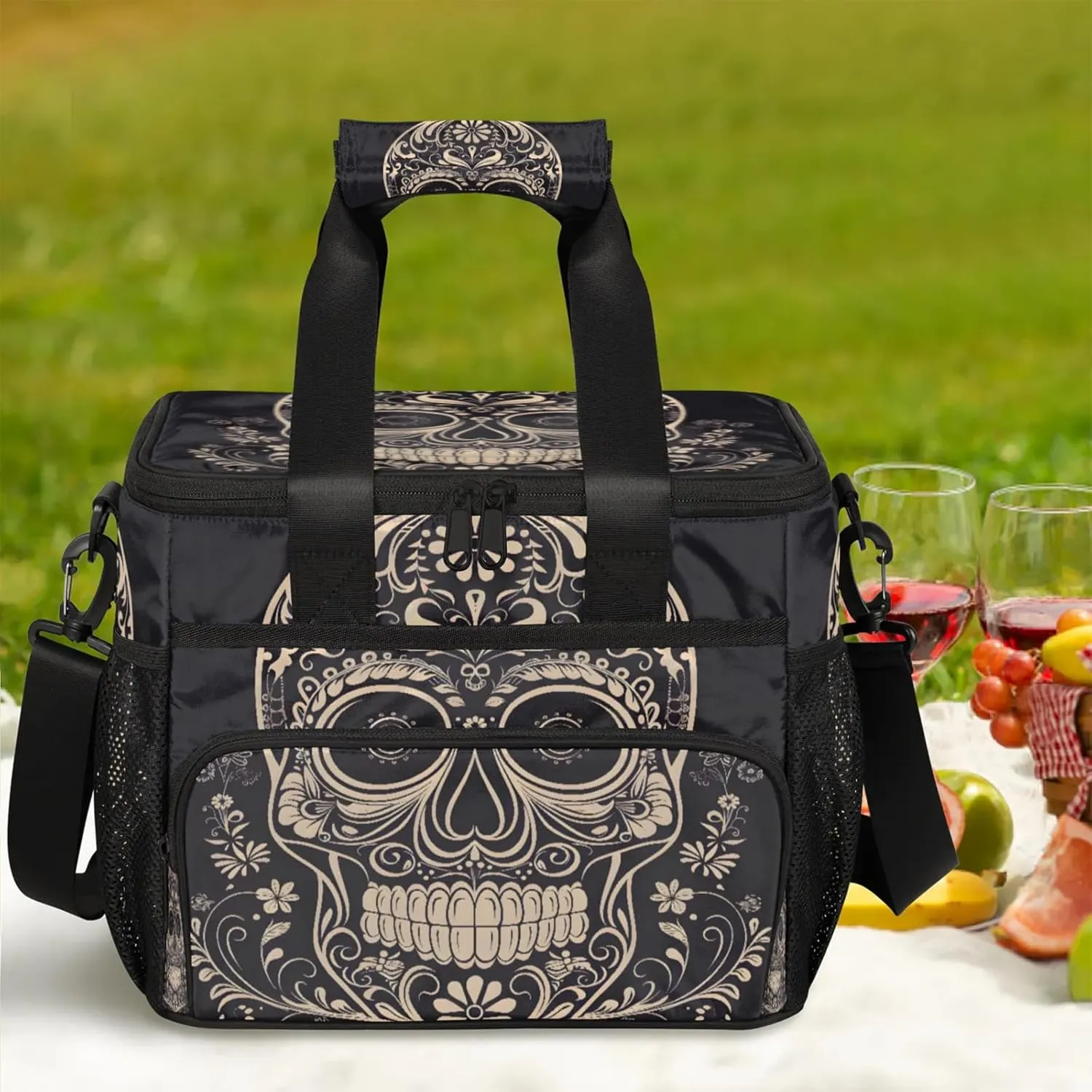 Halloween Sugar Skull Insulated Large Lunch Bag Lunchbox Reusable Leakproof Cooler Bags with Shoulder Strap for Adult Men Women Work Picnic