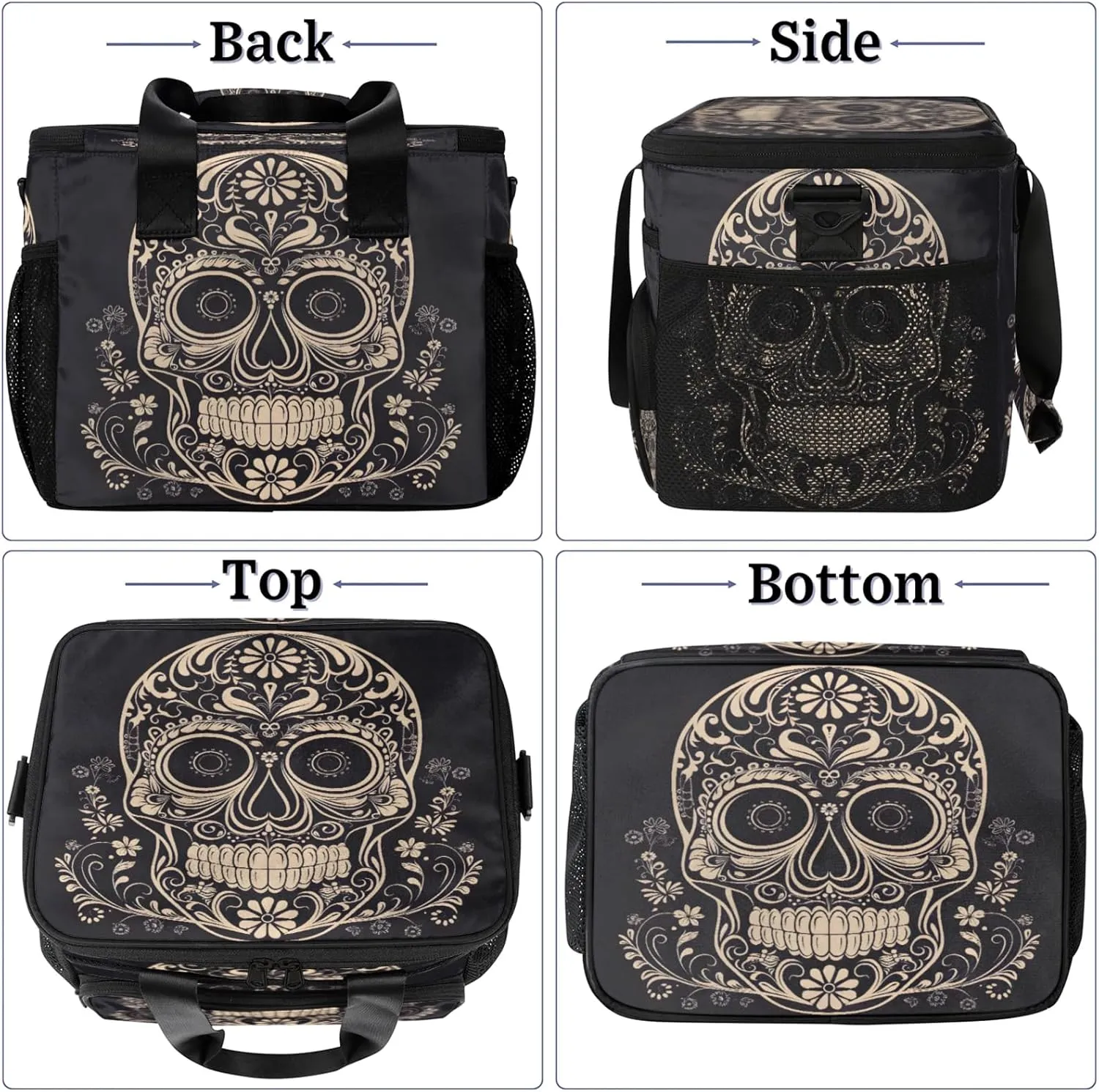 Halloween Sugar Skull Insulated Large Lunch Bag Lunchbox Reusable Leakproof Cooler Bags with Shoulder Strap for Adult Men Women Work Picnic