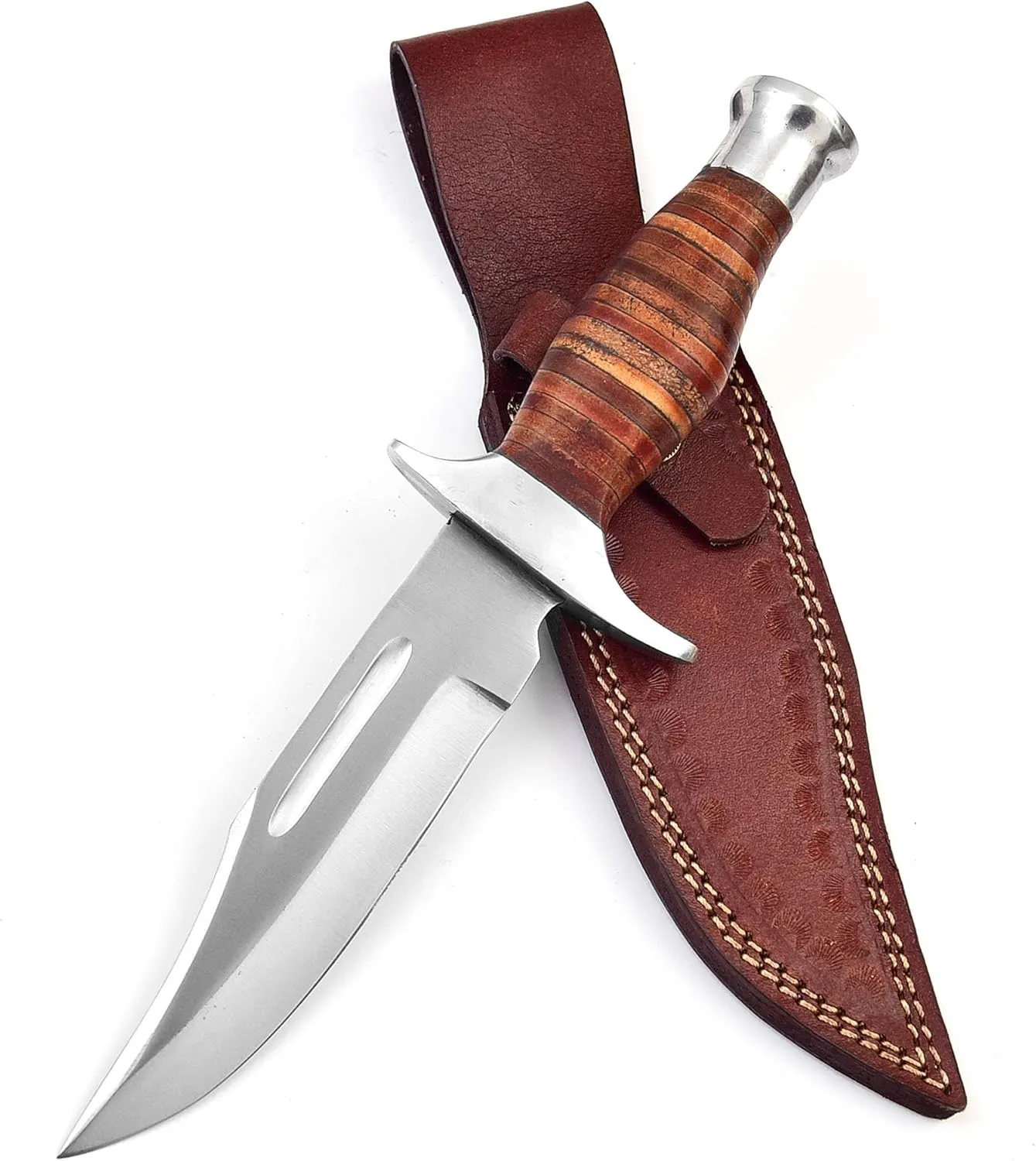 Handmade 1095 Steel Bowie Knife – Fixed Blade Forged Hunting & Survival Knife for Men with Leather Sheath, Camel Bone Handle, Camping & Hiking Knife
