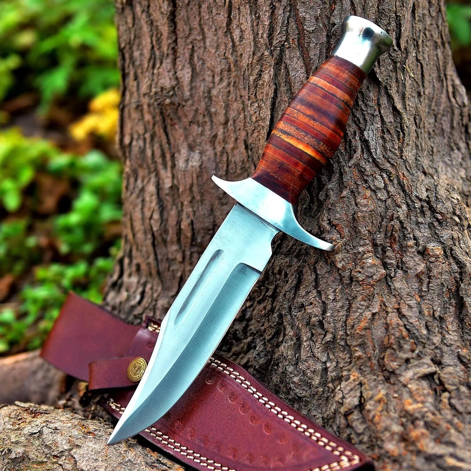 Handmade 1095 Steel Bowie Knife – Fixed Blade Forged Hunting & Survival Knife for Men with Leather Sheath, Camel Bone Handle, Camping & Hiking Knife