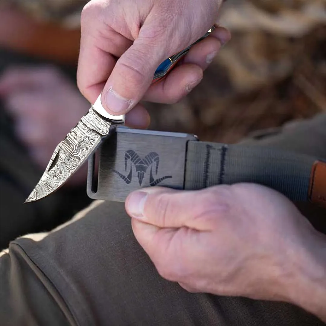 Handmade Pocket Knife 6.5" Damascus Steel Pocket Knife with Wood Handle Folding Knives Small Pocket Knife for Outdoor, Hunting, Fishing, Camping, Hiking, Authentic Damascus Steel, Leather Sheath (Multi Wood)